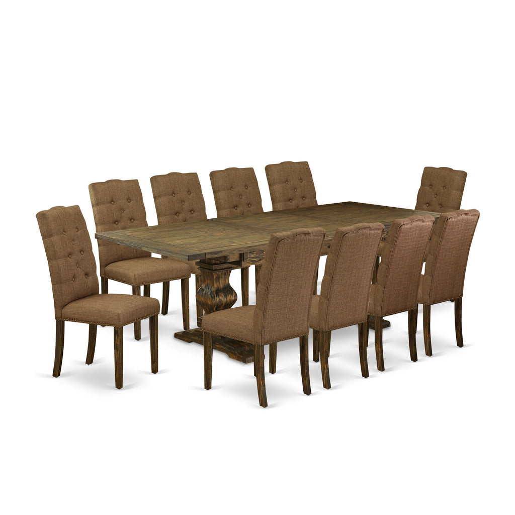 Juego de comedor de 11 piezas East West Furniture LAEL11-77-18. Incluye una mesa de comedor rectangular con diseño de hojas de mariposa y 10 sillas Parsons de tela de lino marrón.
