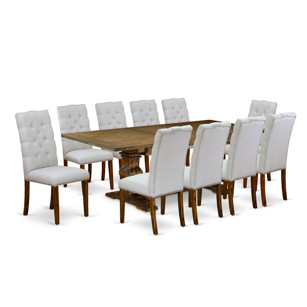 Juego de mesa de cocina de 11 piezas East West Furniture LAEL11-78-05. Incluye una mesa de comedor rectangular con diseño de hojas de mariposa y 10 sillas de comedor Parson de tela de lino gris.