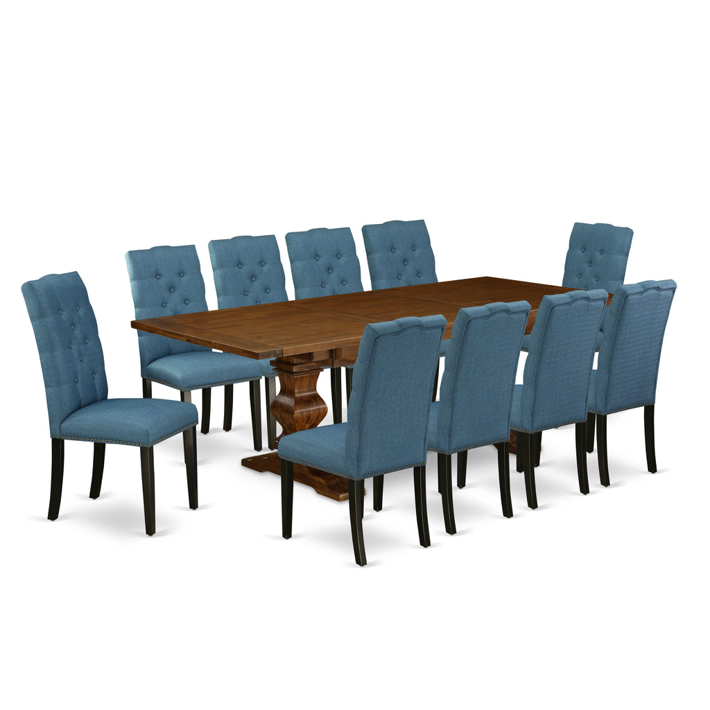 Juego de comedor de 11 piezas East West Furniture LAEL11-81-21. Incluye una mesa de comedor rectangular con diseño de hojas de mariposa y 10 sillas Parson tapizadas en tela de lino azul.