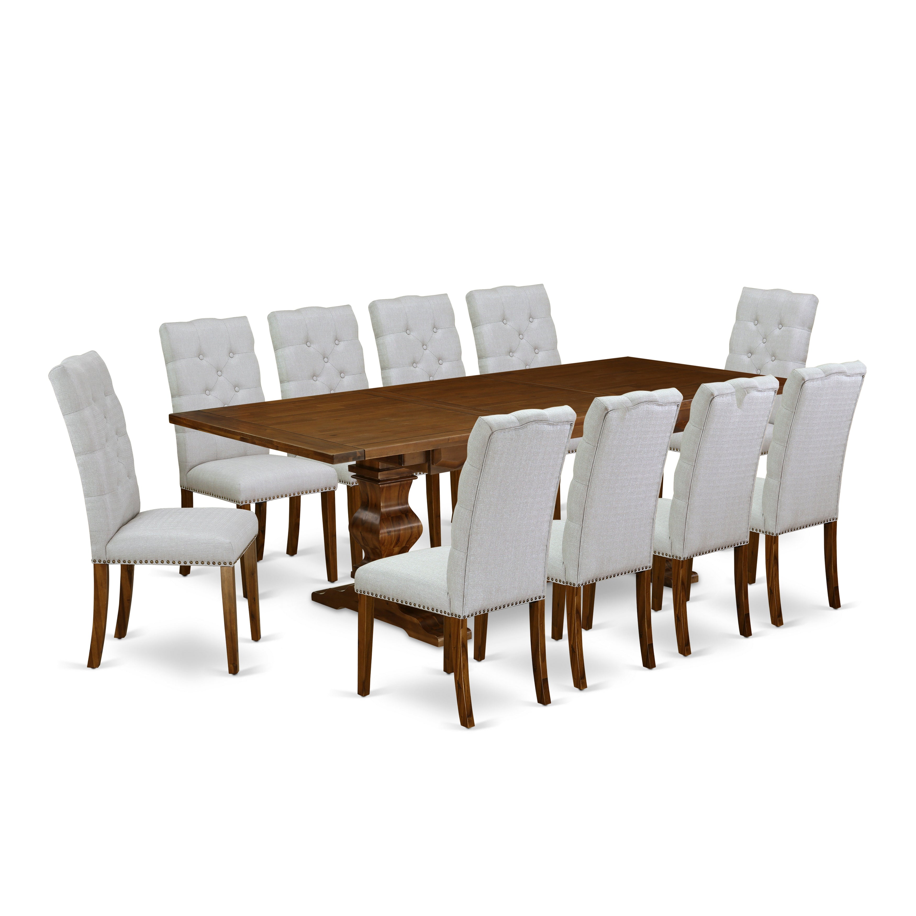 East West Furniture LAEL11-88-05 11-Pieces Table Set - A Removable leaf Double Pedestal Dining Table And 10 Grey Linen Fabric Dining Chairs With Button Tufted Back - Antique Walnut Finish
