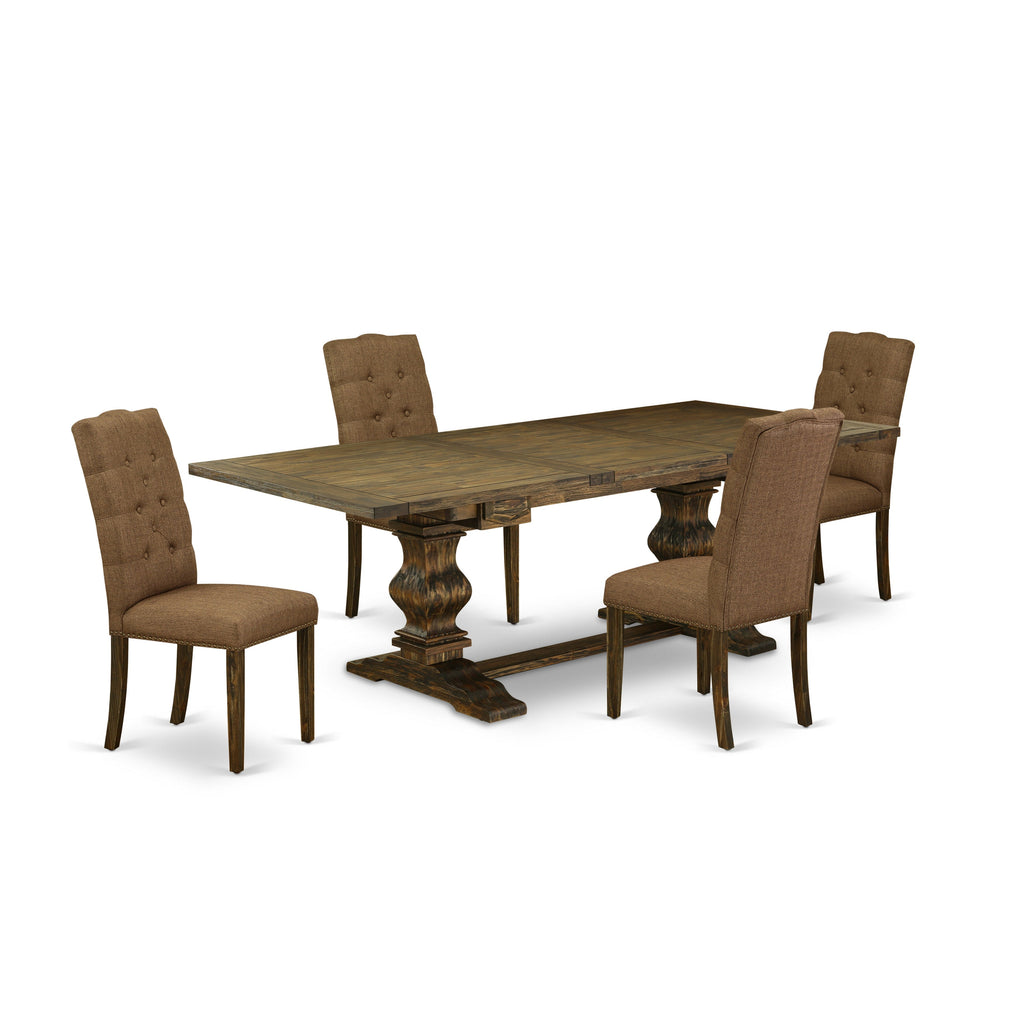Juego de mesa de comedor de 5 piezas East West Furniture LAEL5-77-18 Incluye una mesa de cocina rectangular con hojas de mariposa y 4 sillas tapizadas en tela de lino marrón