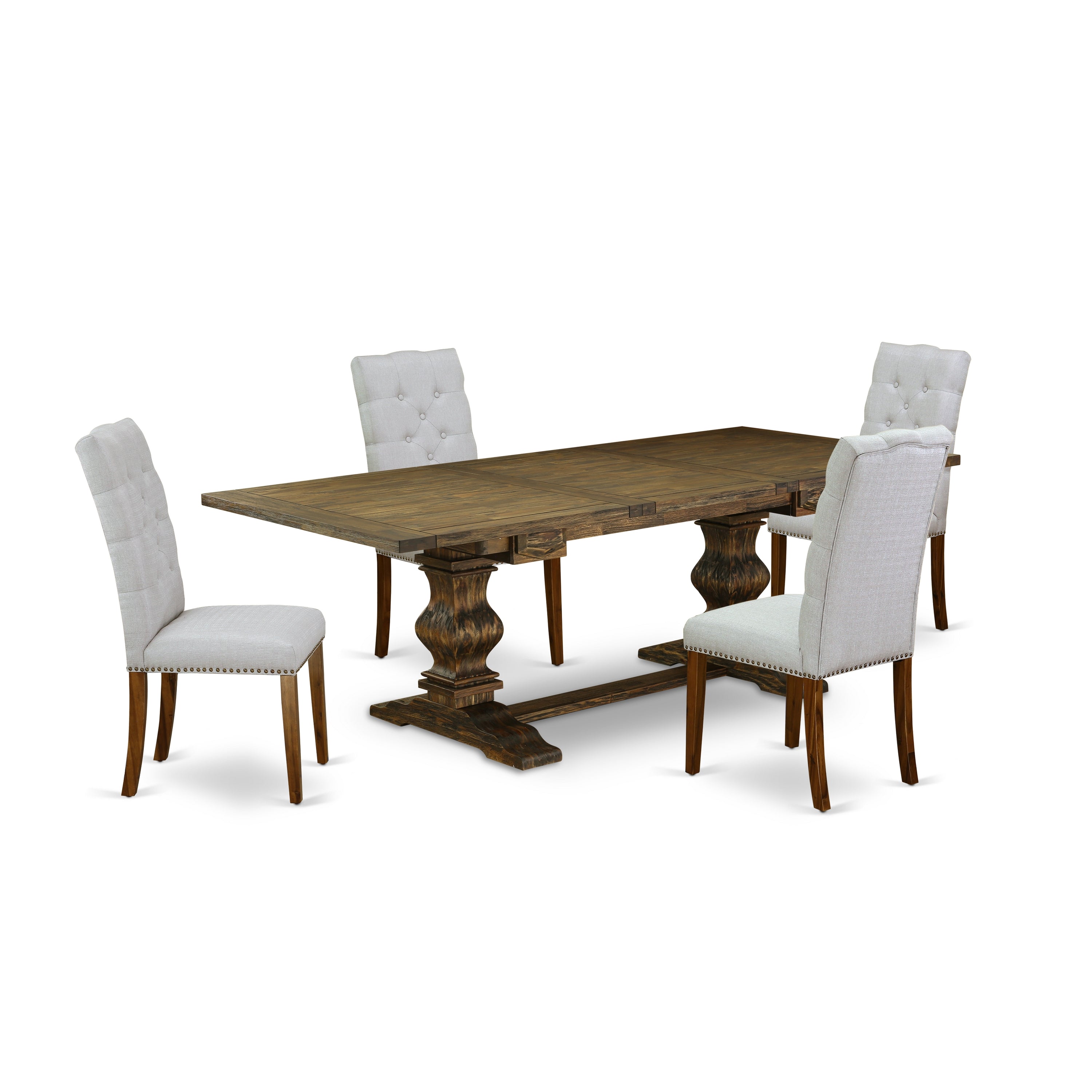 Juego de mesa de comedor de 5 piezas East West Furniture LAEL5-78-05 para 4 personas. Incluye una mesa de cocina rectangular con diseño de hojas de mariposa y 4 sillas de comedor Parsons de tela de lino gris.