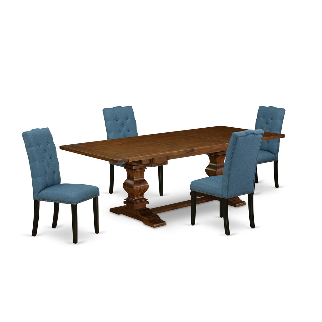 East West Furniture LAEL5-81-21 5 Piece Kitchen Table Set for 4 Includes a Rectangle Butterfly Leaf Dining Table and 4 Blue Linen Fabric Upholstered Chairs, 42x92 Inch, Walnut