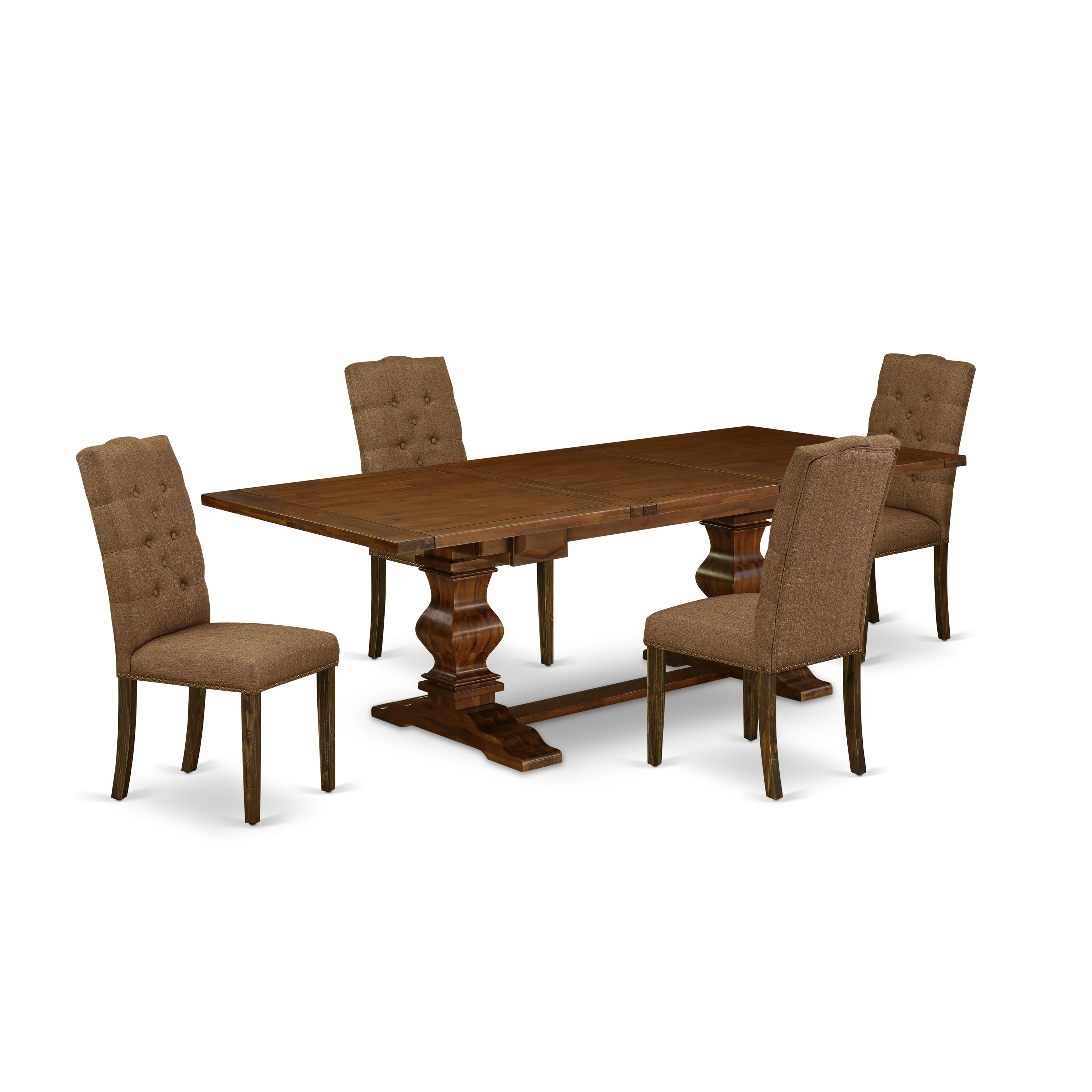East West Furniture LAEL5-87-18 5-pieces dining table set with Chair�s Legs and Brown Beige Linen Fabric dining chairs of 4 and kitchen dining table - Antique Walnut and Distressed Jacobean Finish
