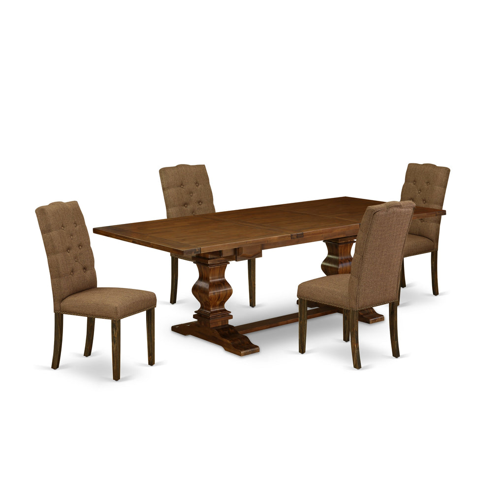 Juego de comedor de 5 piezas East West Furniture LAEL5-87-18. Incluye una mesa de comedor rectangular con diseño de hojas de mariposa y 4 sillas tapizadas en tela de lino marrón.
