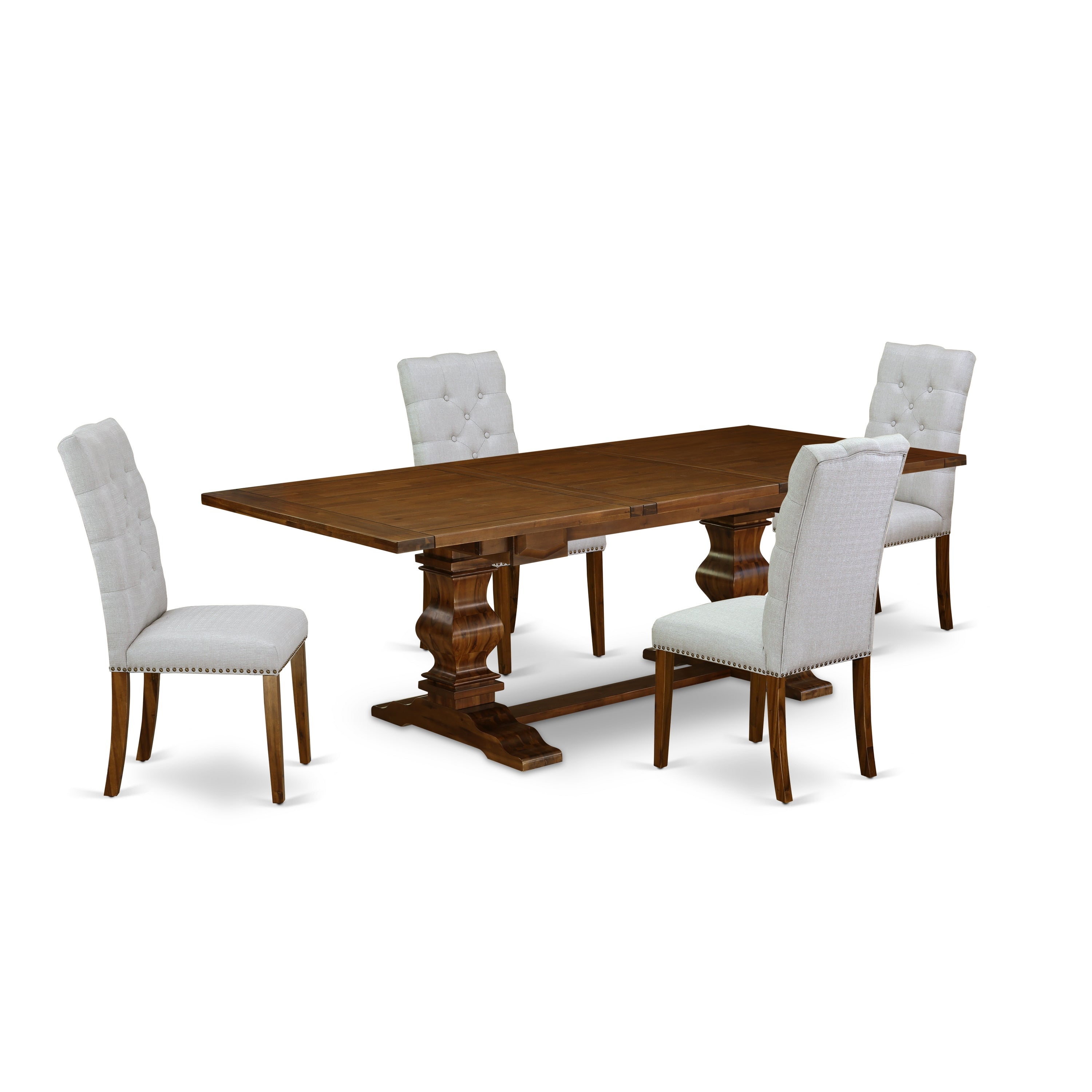 Juego de mesa de comedor de 5 piezas East West Furniture LAEL5-88-05 para 4 personas. Incluye una mesa de cocina rectangular con diseño de hojas de mariposa y 4 sillas de comedor Parson de tela de lino gris.