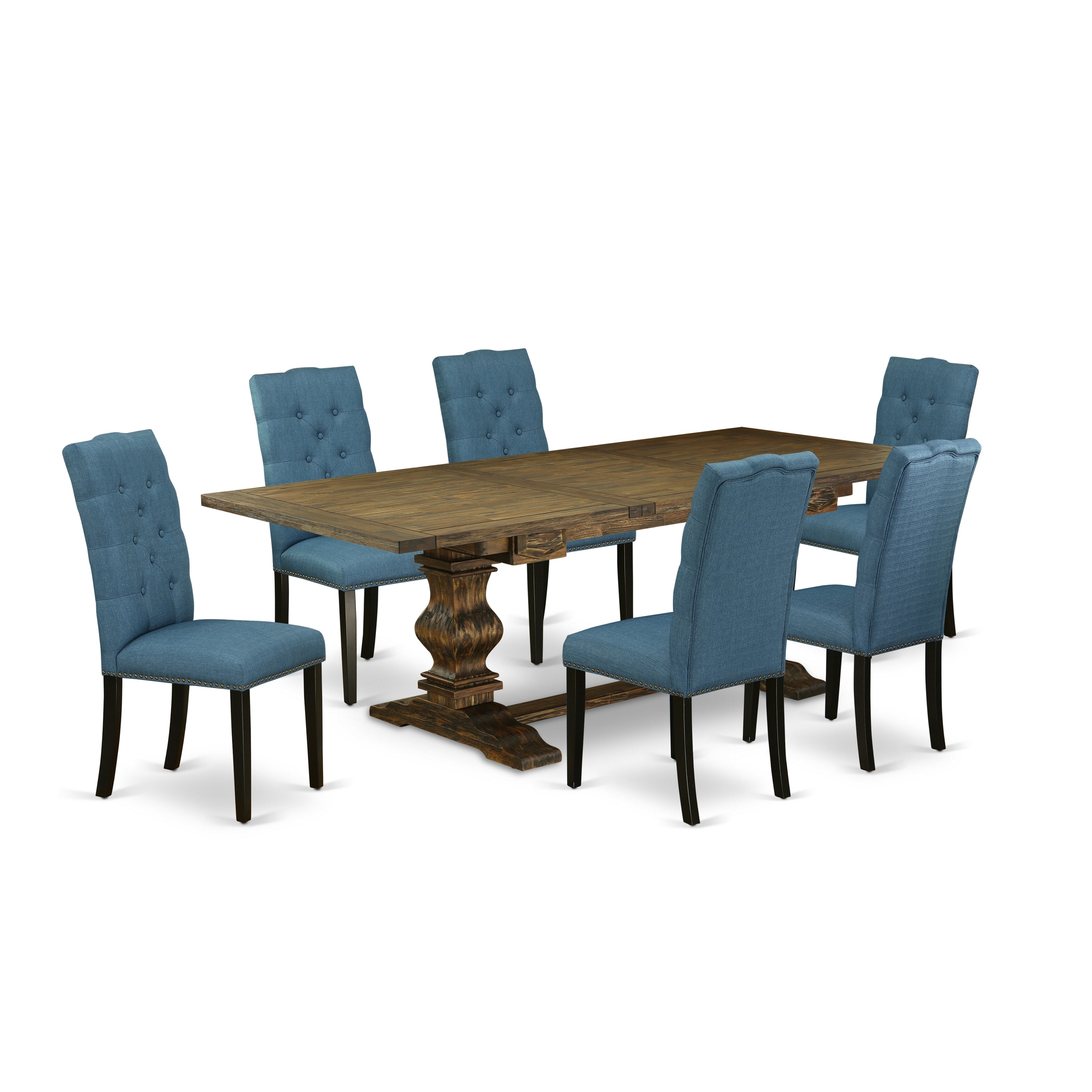 East West Furniture LAEL7-71-21 7-piece kitchen table set with Chair�s Legs and Mineral Blue Linen Fabric dining room chairs Set of Six and kitchen table - Black and Distressed Jacobean Finish