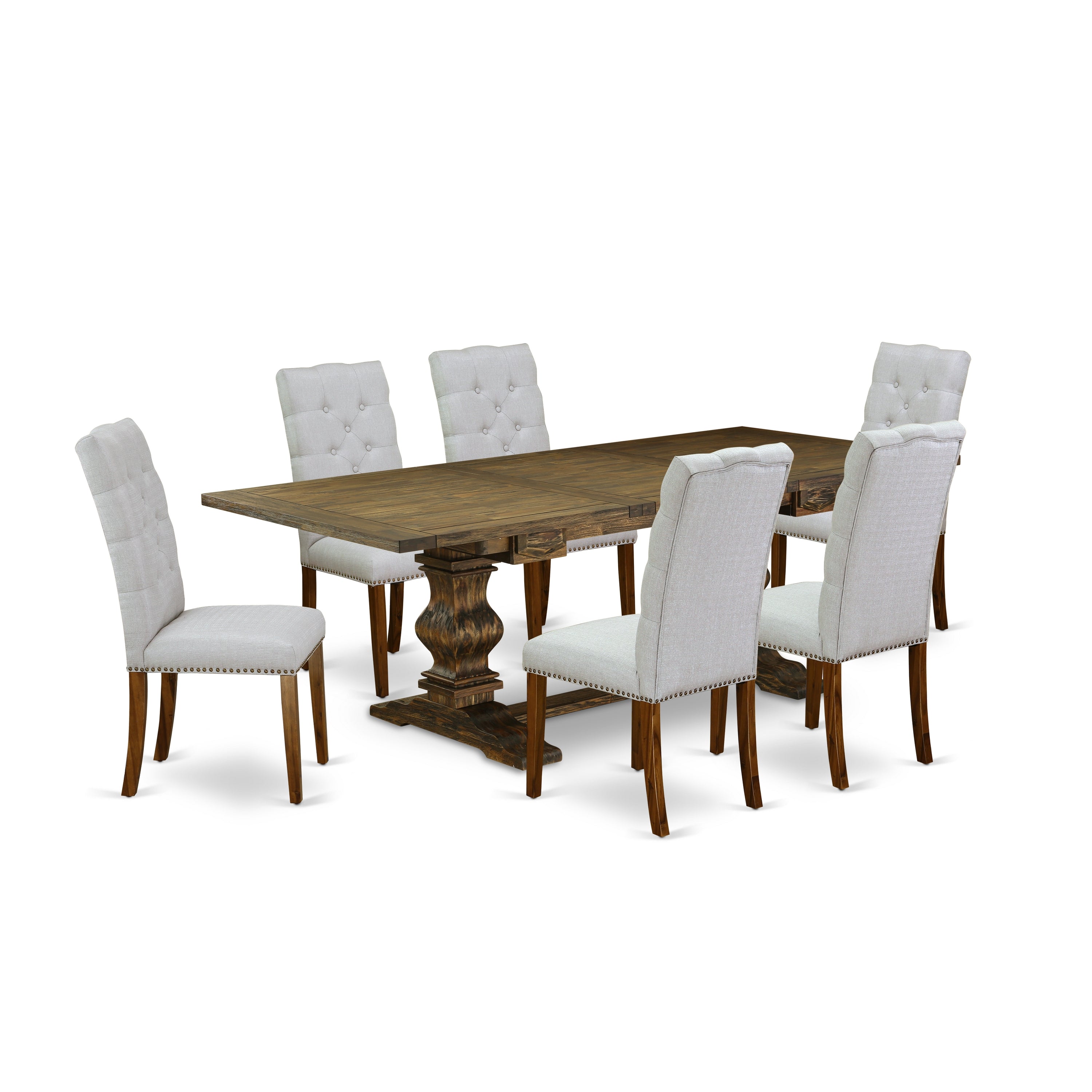 East West Furniture LAEL7-78-05 7-pc dining table set with Chair�s Legs and Modern Gray Linen Fabric dining room chairs Set of Six and wonderful table - Antique Walnut and Distressed Jacobean Finish