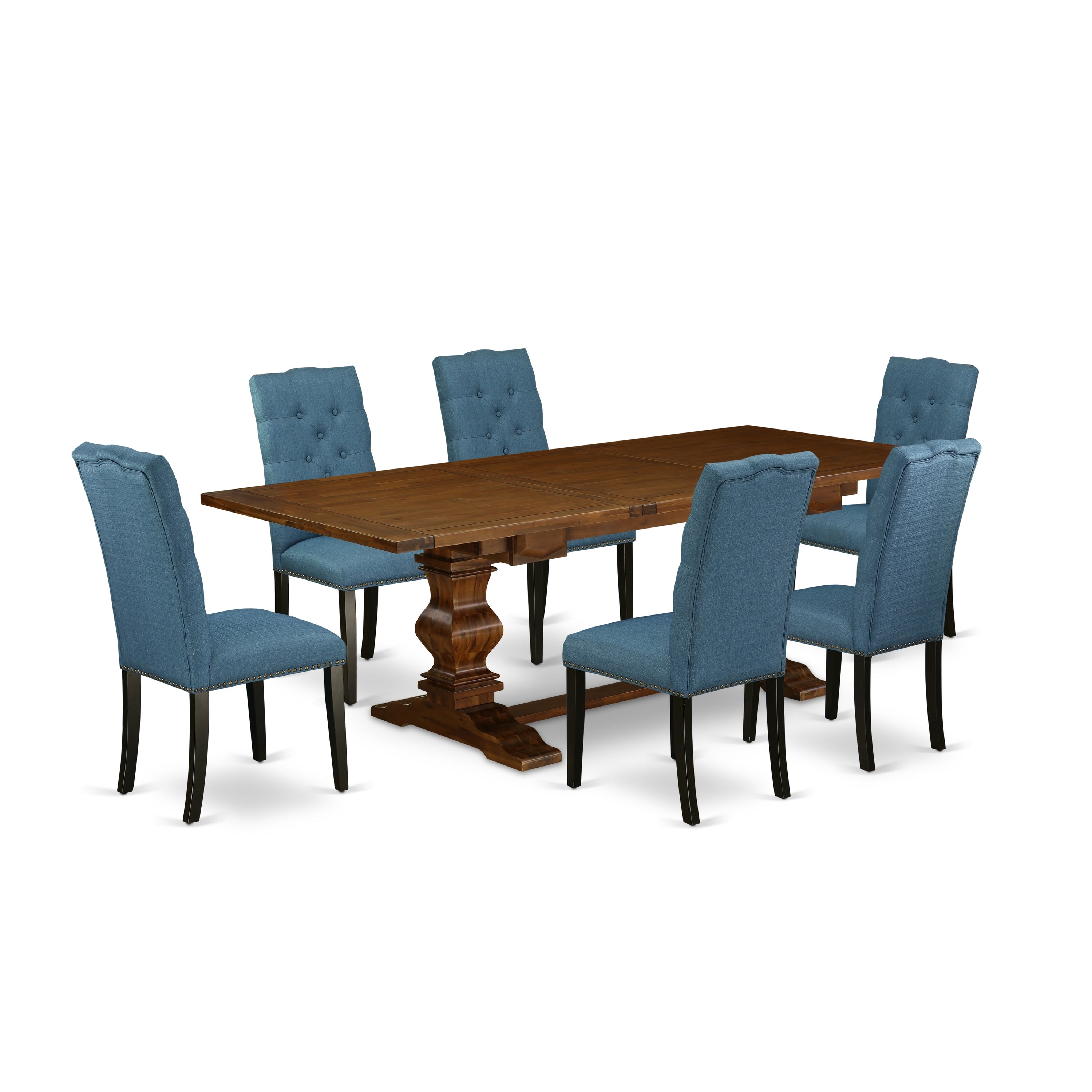 East West Furniture LAEL7-81-21 7-pc dinette set with Chair�s Legs and Mineral Blue Linen Fabric chairs for dining room Set of Six and beautiful dining room table - Antique Walnut and Black Finish
