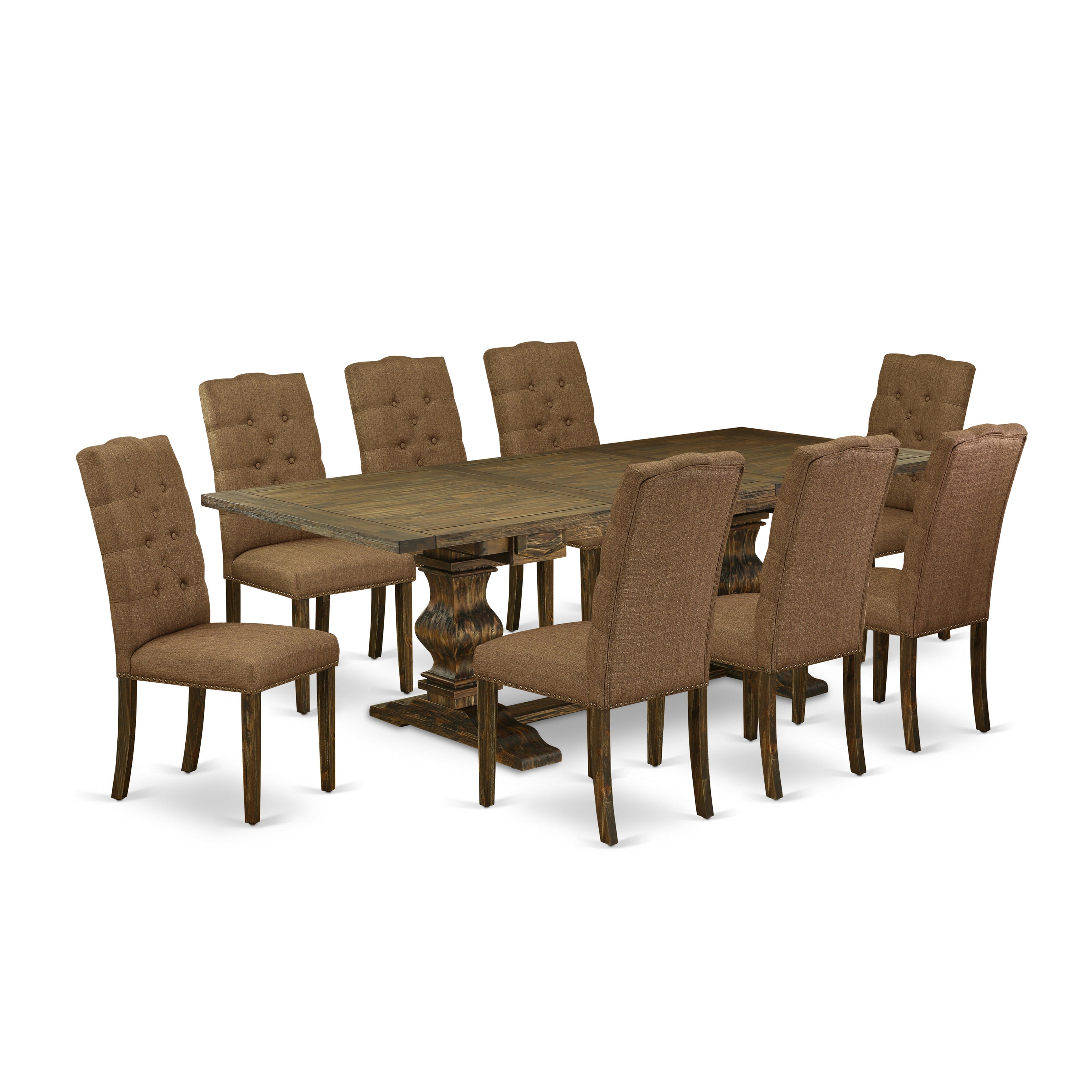 Juego de mesa de cocina de 9 piezas East West Furniture LAEL9-77-18 Incluye una mesa de comedor rectangular con hojas de mariposa y 8 sillas tapizadas en tela de lino marrón