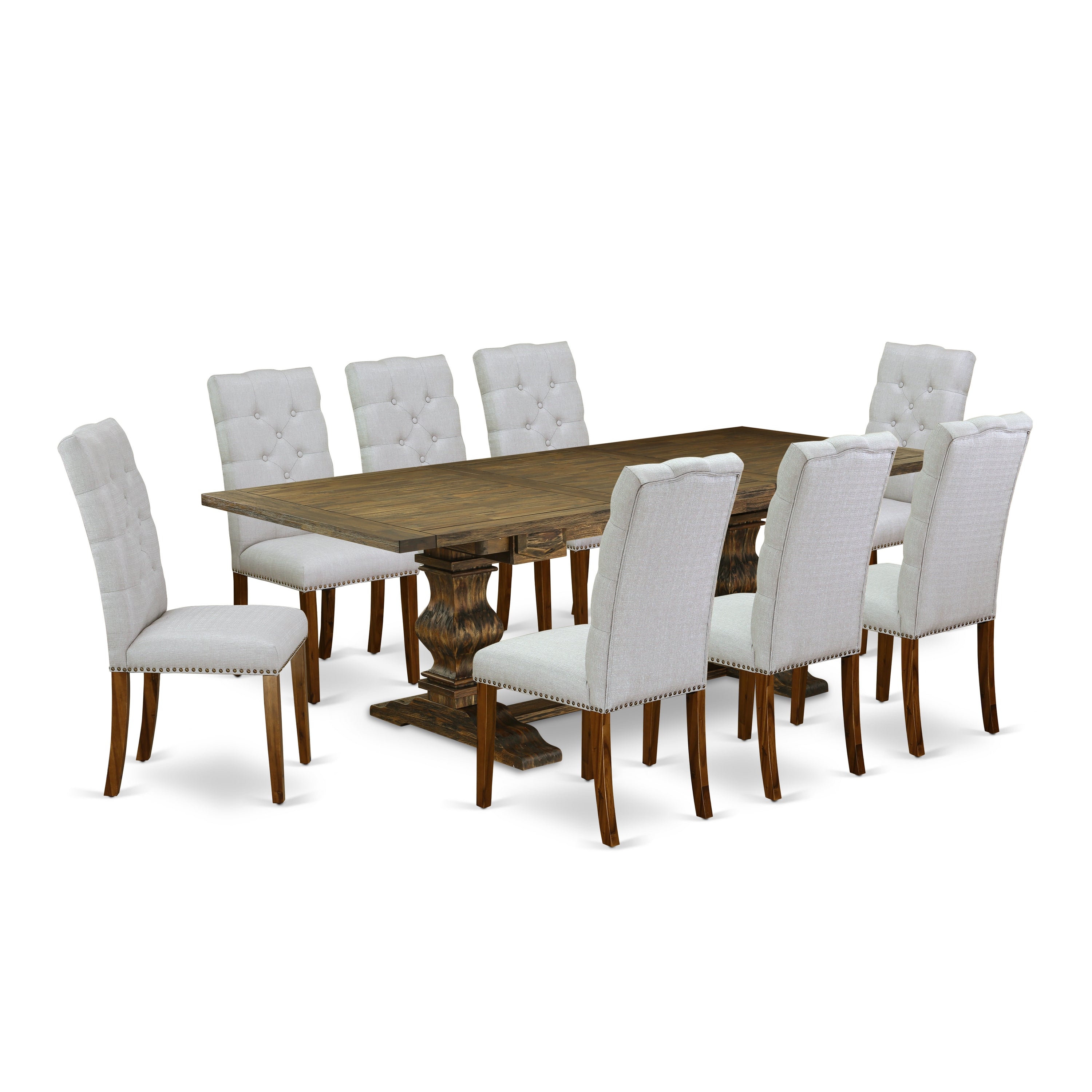 East West Furniture LAEL9-78-05 9-pc kitchen table and chairs with Chair�s Legs and Modern Gray Linen Fabric kitchen chairs set of 8 and attractive table- Antique Walnut and Distressed Jacobean Finish