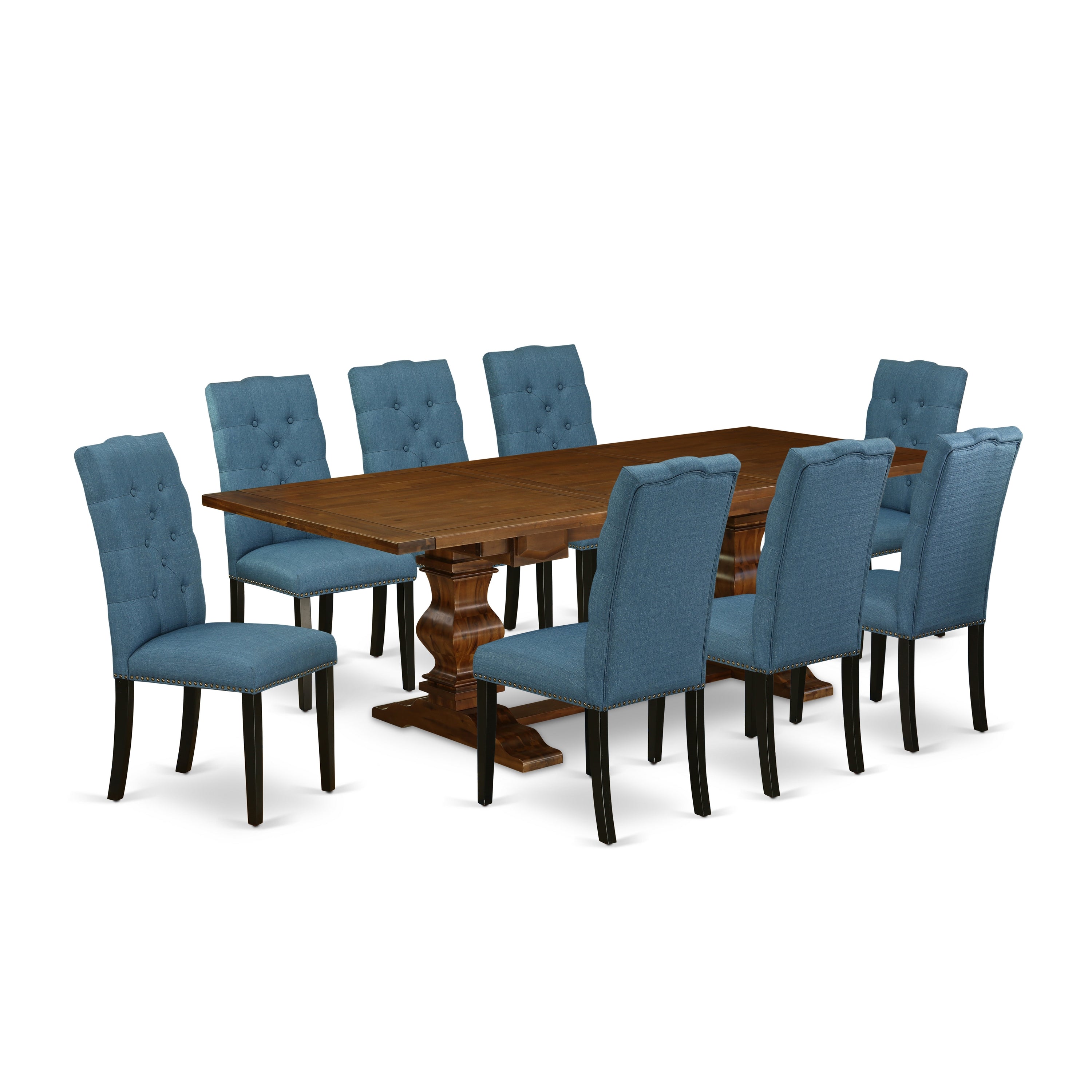 East West Furniture LAEL9-81-21 9-pc dining table set with Chair�s Legs and Mineral Blue Linen Fabric dining chairs set of 8 and rectangular table - Antique Walnut and Black Finish