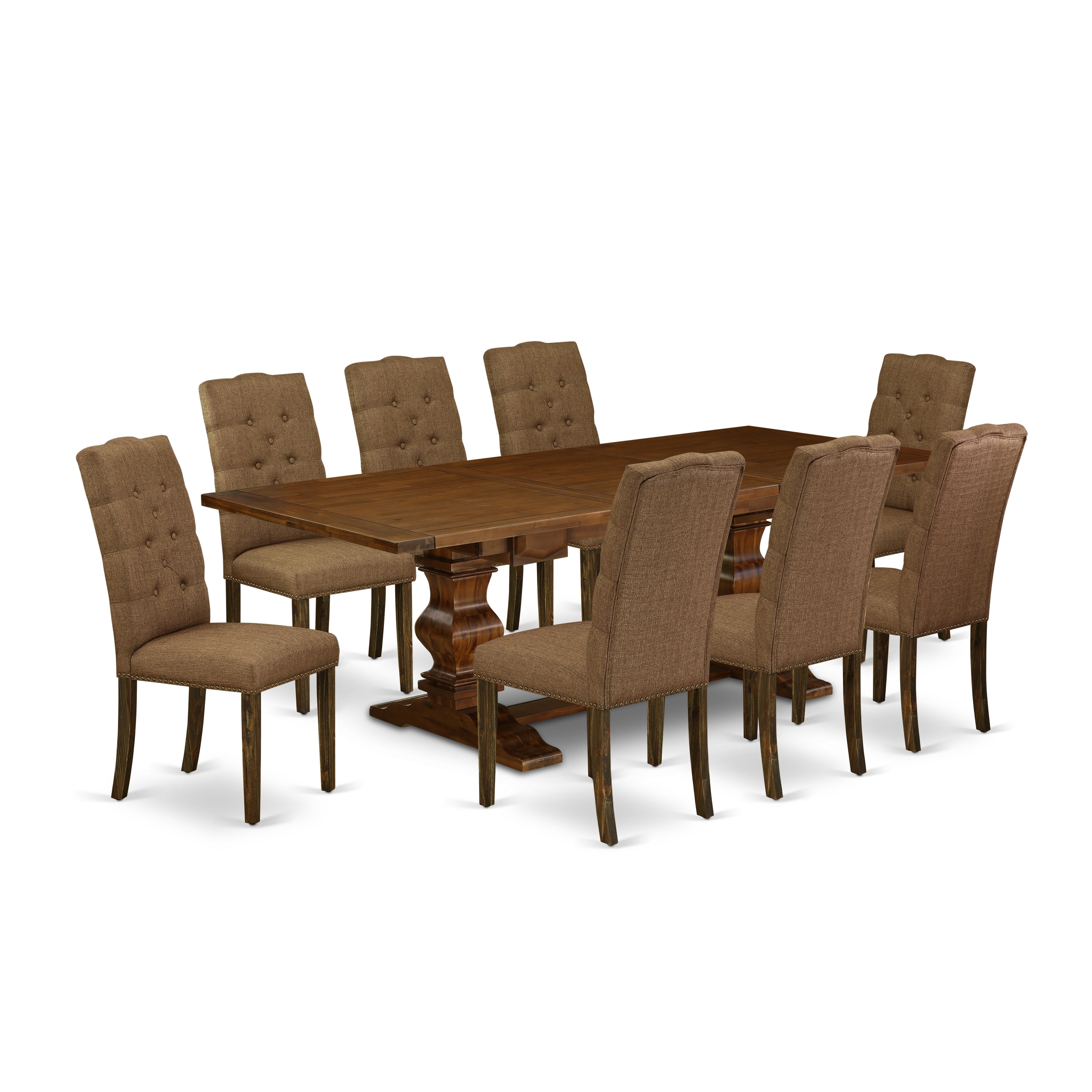 East West Furniture LAEL9-87-18 dining room table set 9-piece with Chair�s Legs and Brown Beige Linen Fabric dining chairs set of eight and rectangular table - Antique Walnut and Distressed Jacobean Finish