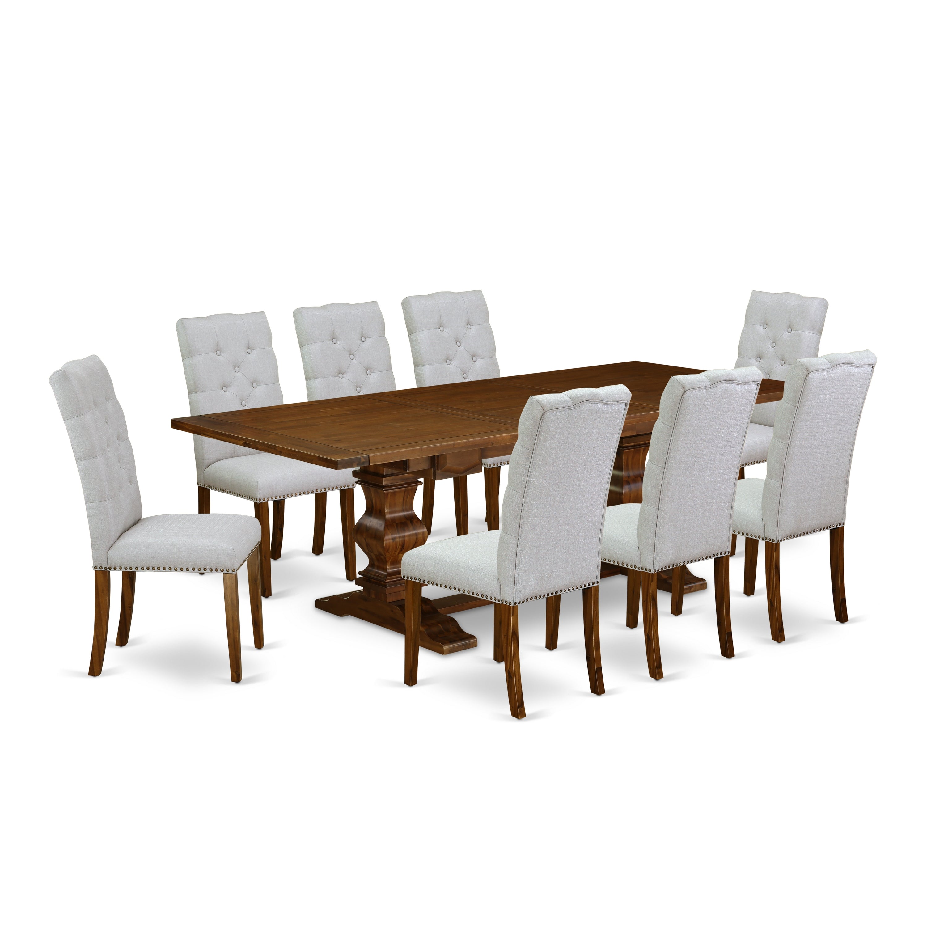 Juego de comedor de 9 piezas East West Furniture LAEL9-88-05. Incluye una mesa de comedor rectangular con hojas de mariposa y 8 sillas tapizadas en tela de lino gris.