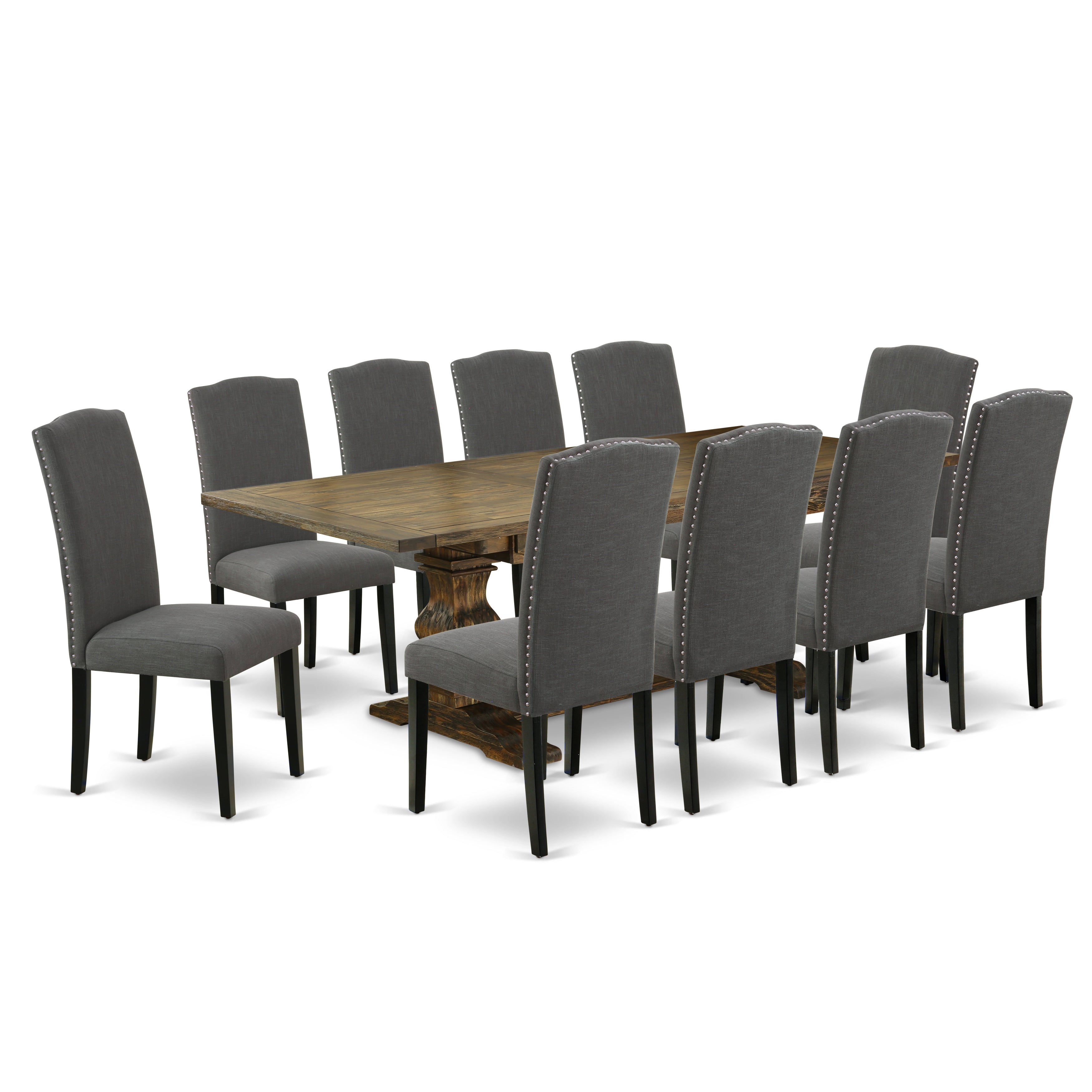 East West Furniture LAEN11-71-20 11-Pc Mid Century Dining Set Includes a Wooden Table and 10 Dark Gotham Grey Linen Fabric Upholstered Chairs with High Back - Distressed Jacobean Finish