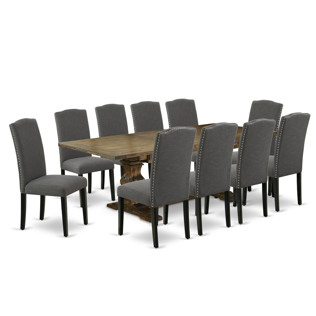 East West Furniture LAEN11-71-20 11 Piece Dining Set Includes a Rectangle Dining Room Table with Butterfly Leaf and 10 Dark Gotham Linen Fabric Upholstered Chairs, 42x92 Inch, Jacobean