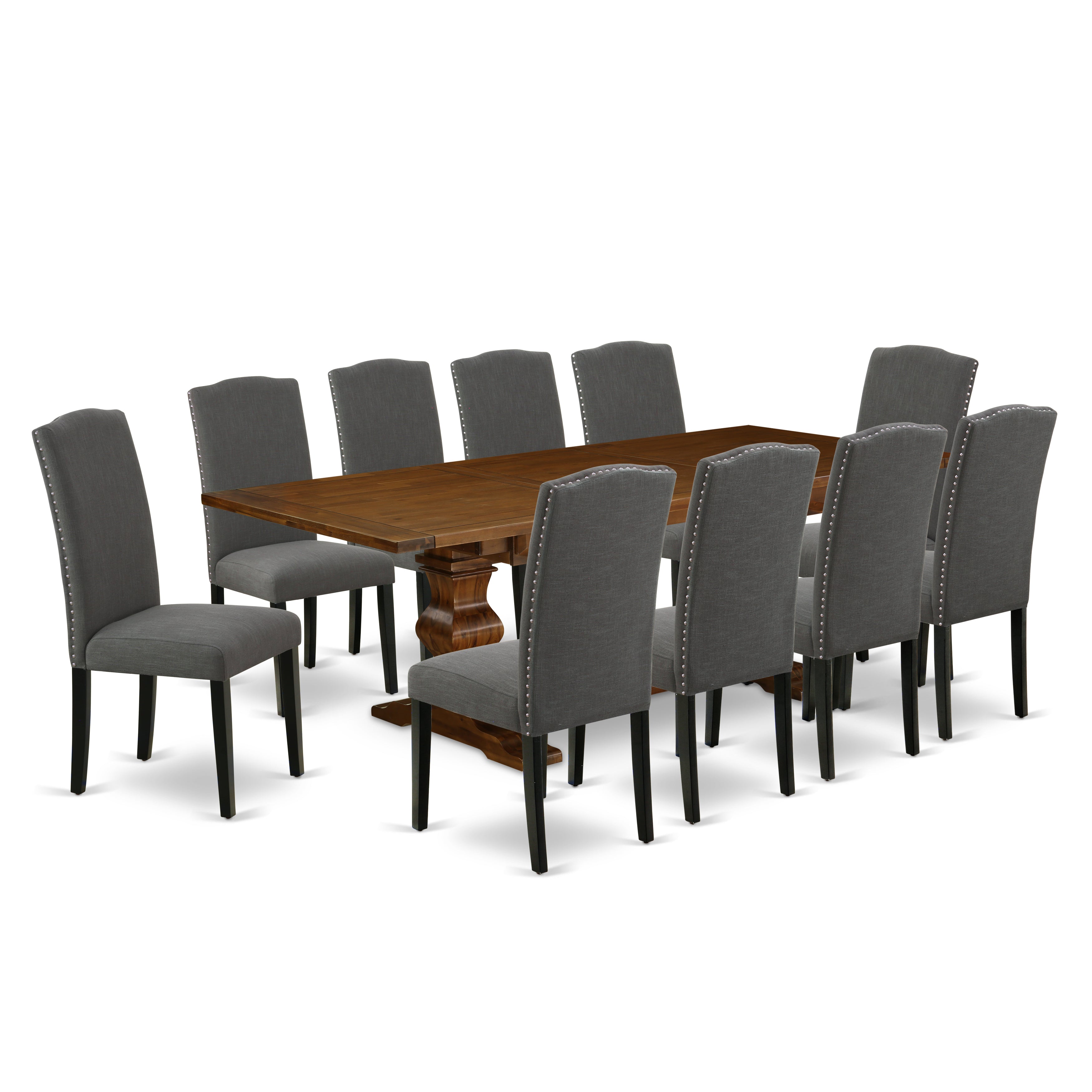 East West Furniture LAEN11-81-20 11-Pieces Modern Dining Set - A Removable leaf Double Pedestal Table and 10 Dark Gotham Grey Linen Fabric Dining Chairs with High Back - Antique Walnut Finish