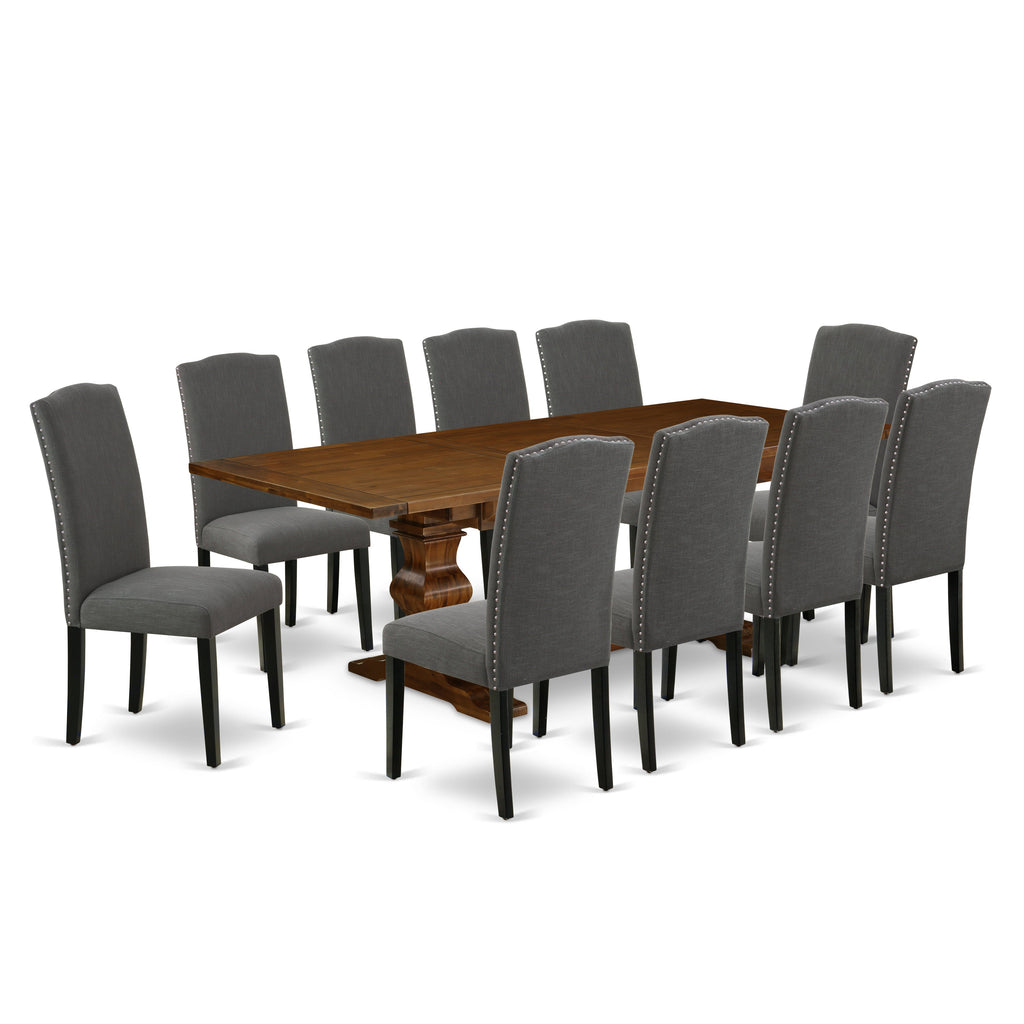 East West Furniture LAEN11-81-20 11 Piece Dining Table Set Includes a Rectangle Dinner Table with Butterfly Leaf and 10 Dark Gotham Linen Fabric Parson Chairs