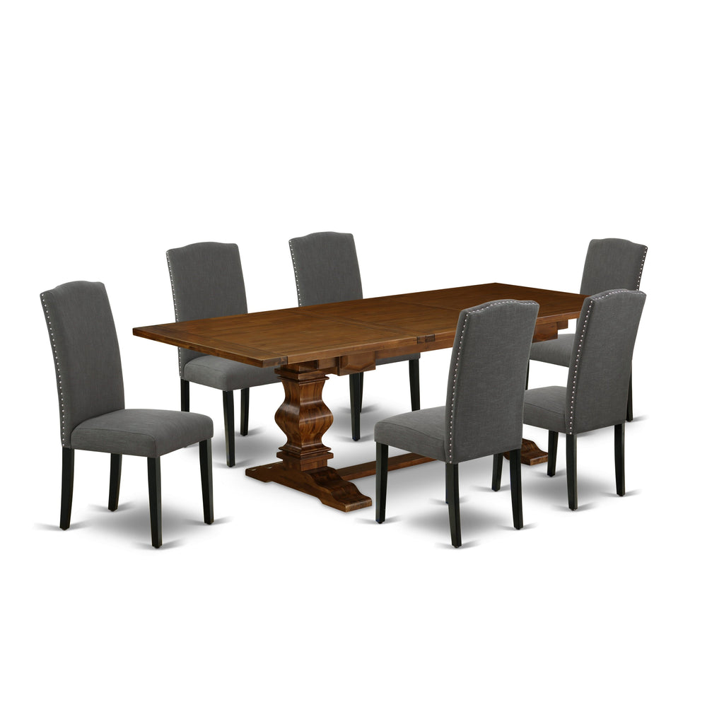 East West Furniture LAEN7-81-20 7 Piece Dining Table Set Consist of a Rectangle Butterfly Leaf Table and 6 Dark Gotham Linen Fabric Upholstered Chairs