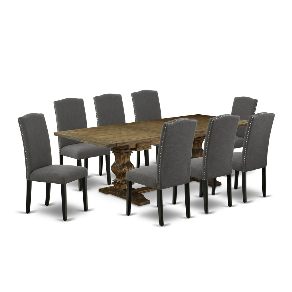 Juego de mesa de comedor de 9 piezas East West Furniture LAEN9-71-20 Incluye una mesa de cocina rectangular con hojas de mariposa y 8 sillas tapizadas en tela de lino Gotham oscuro