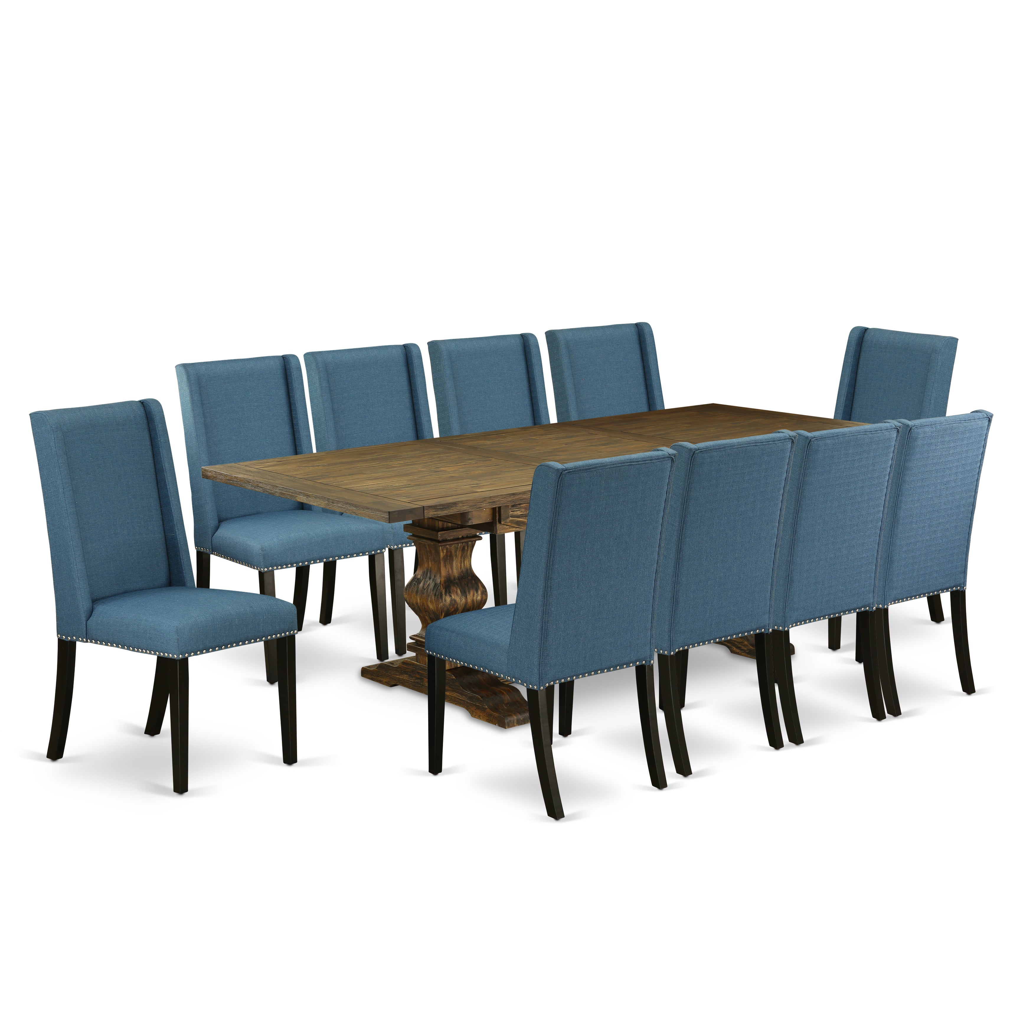 East West Furniture LAFL11-71-21 11-Piece Modern Dining Table Set Includes a Dining Table and 10 Mineral Blue Linen Fabric Parson Dining Chairs with High Back - Distressed Jacobean Finish