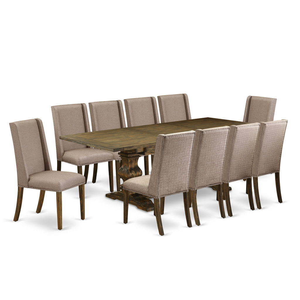 Juego de mesa de comedor de 11 piezas East West Furniture LAFL11-77-16. Incluye una mesa rectangular con hojas de mariposa y 10 sillas tapizadas en tela de lino color caqui oscuro.