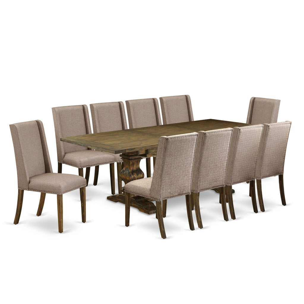 East West Furniture LAFL11-77-16 11 Piece Dining Table Set Includes a Rectangle Butterfly Leaf Table and 10 Dark Khaki Linen Fabric Upholstered Chairs, 42x92 Inch, Jacobean