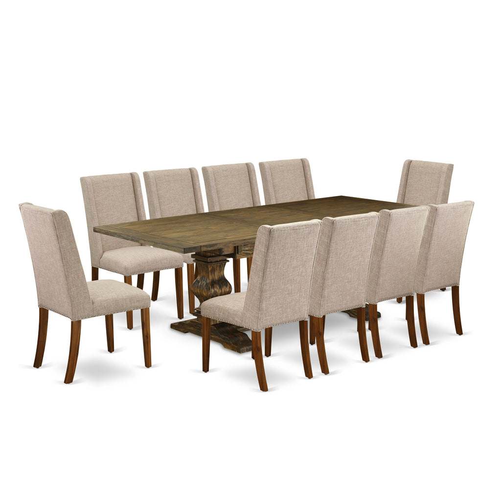 East West Furniture LAFL11-78-04 11 Piece Kitchen Table Set Includes a Rectangle Dining Table with Butterfly Leaf and 10 Light Tan Linen Fabric Parsons Dining Chairs