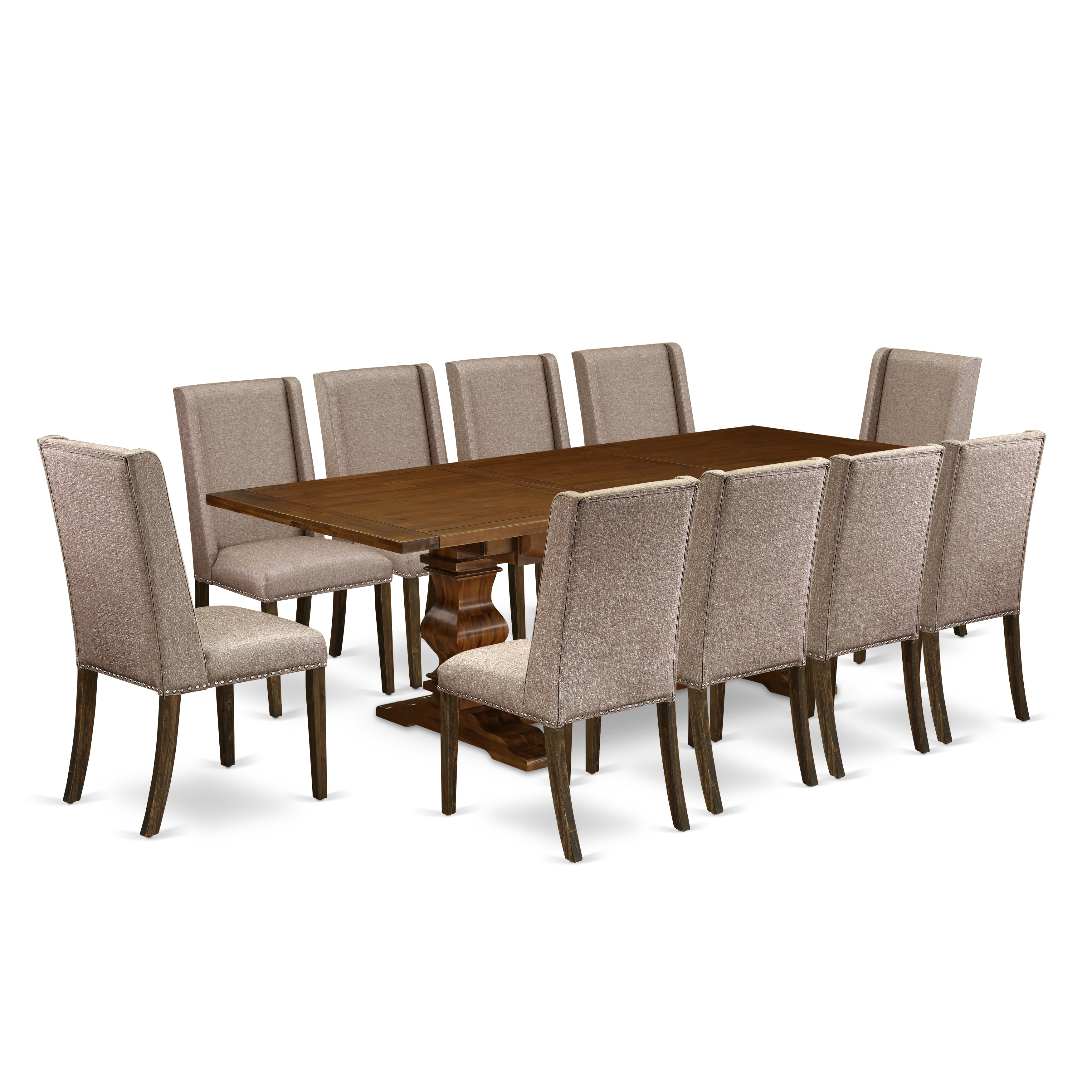 Juego de comedor de 11 piezas East West Furniture LAFL11-87-16. Incluye una mesa de comedor rectangular con diseño de hojas de mariposa y 10 sillas de comedor Parson de tela de lino color caqui oscuro.