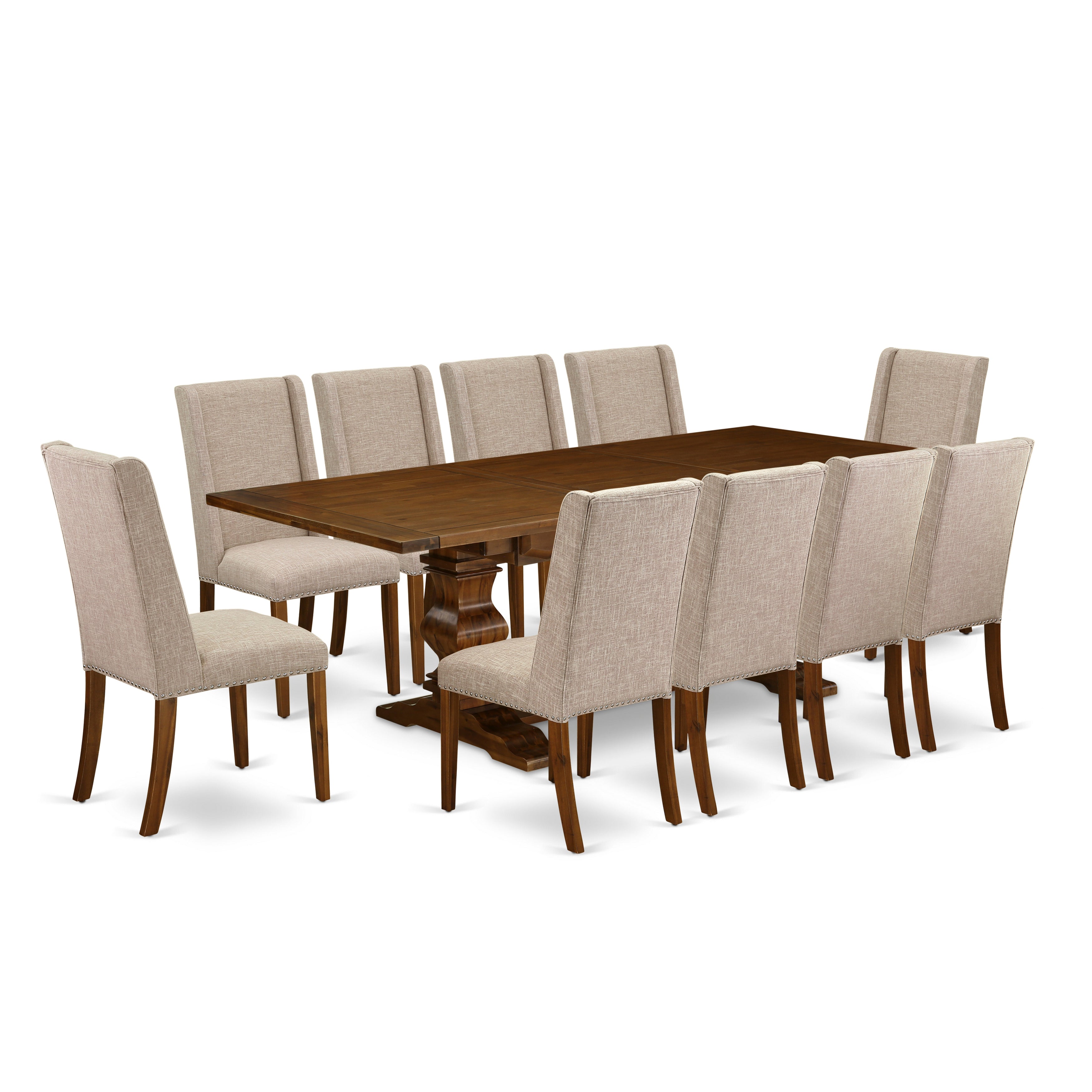 East West Furniture LAFL11-88-04 11-Pieces Dining Set - A Removable leaf Double Pedestal Dining Table and 10 Light Tan Linen Fabric Dining Chairs with Stylish High Back - Antique Walnut Finish