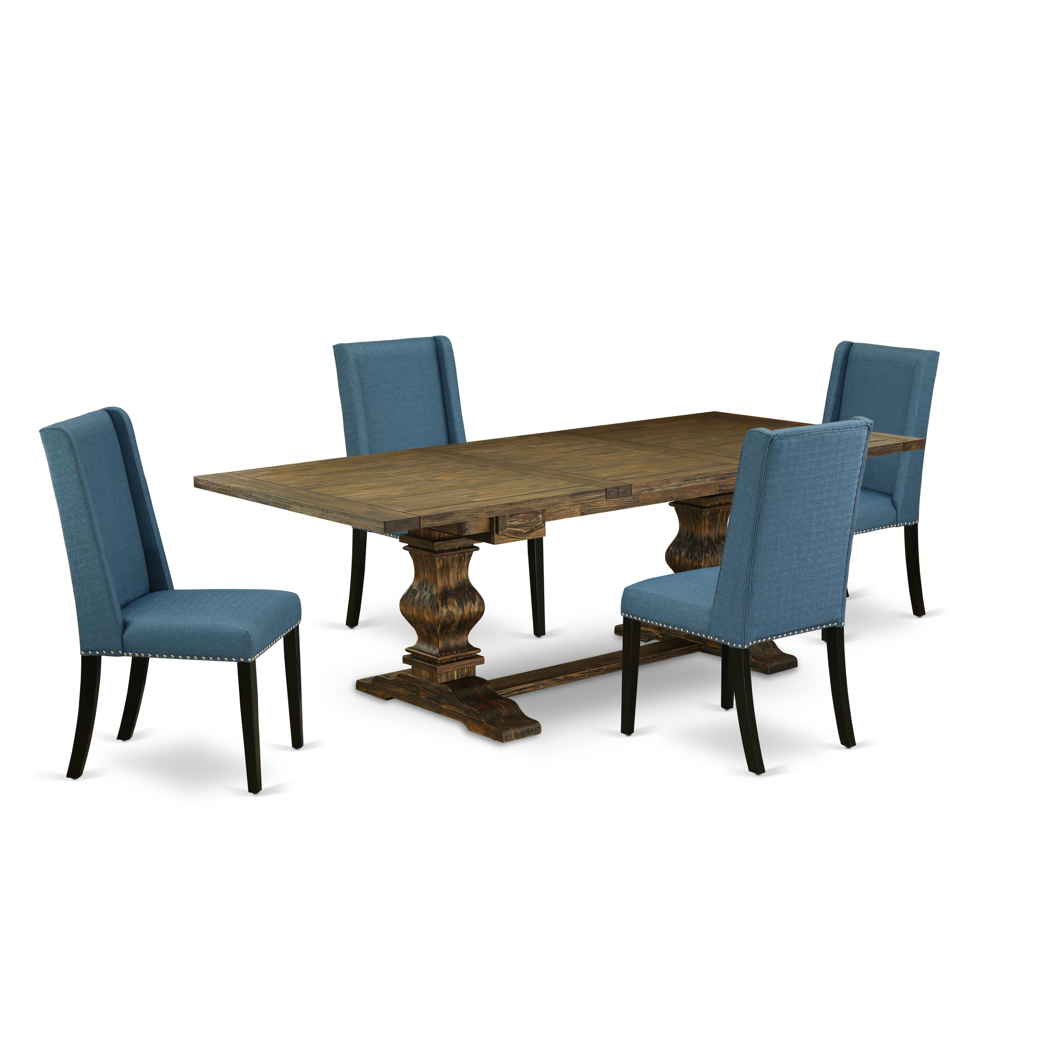 East West Furniture LAFL5-71-21 5-pc dining table set with Chair�s Legs and Mineral Blue Linen Fabric chairs Set of Four and gorgeous dining table - Black and Distressed Jacobean Finish