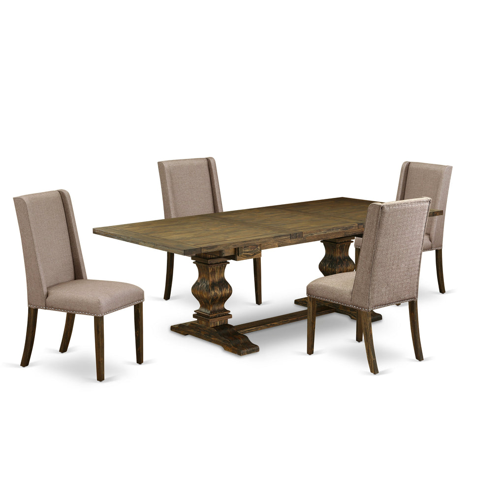 Juego de mesa de cocina de 5 piezas East West Furniture LAFL5-77-16. Incluye una mesa de comedor rectangular con diseño de hojas de mariposa y 4 sillas Parson de tela de lino color caqui oscuro.