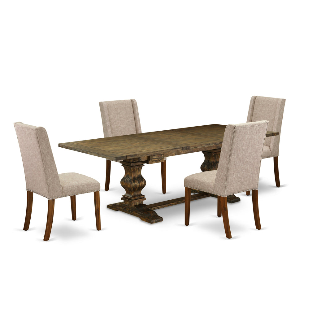 East West Furniture LAFL5-78-04 5 Piece Dining Table Set for 4 Includes a Rectangle Kitchen Table with Butterfly Leaf and 4 Light Tan Linen Fabric Parsons Chairs
