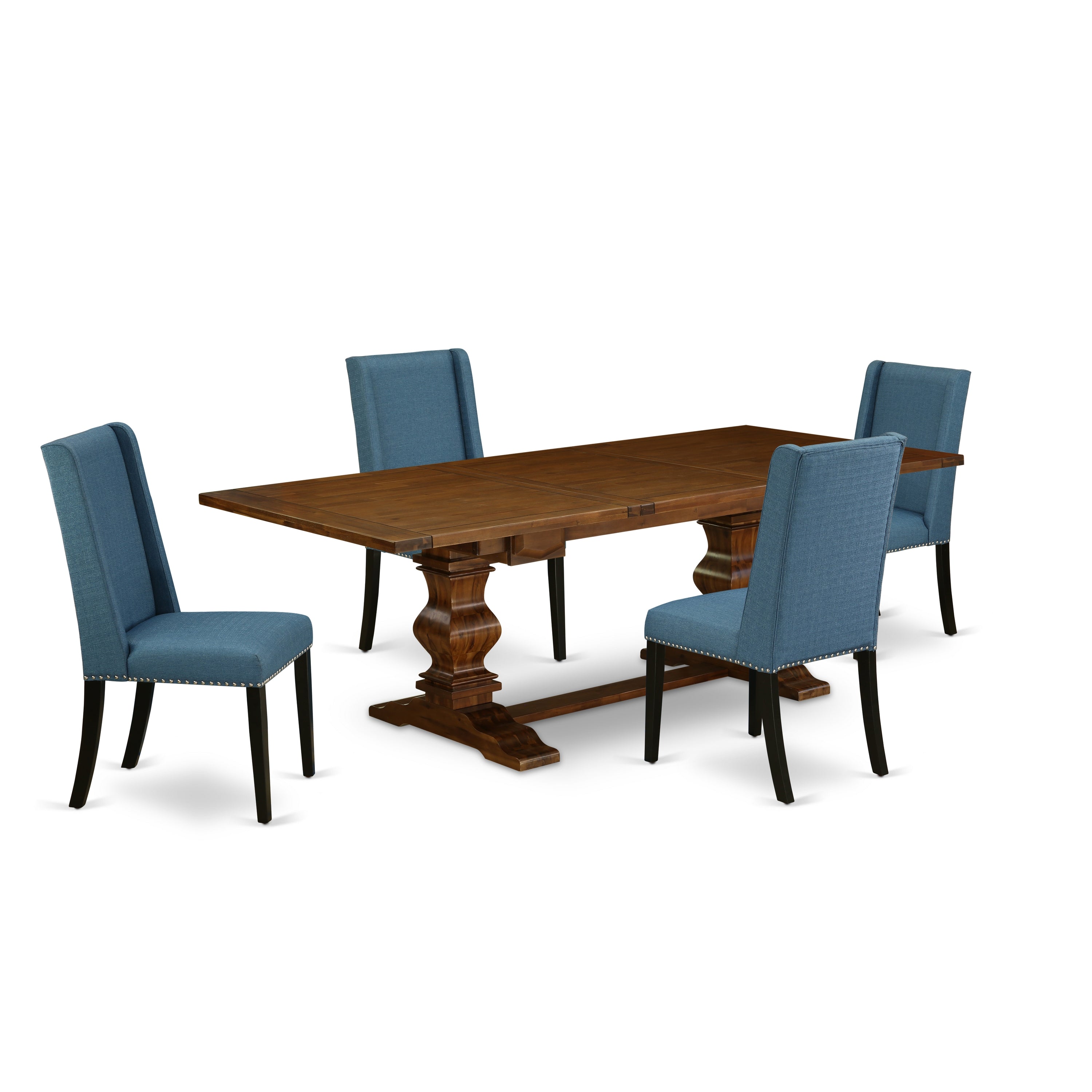 Juego de comedor de 5 piezas East West Furniture LAFL5-81-21. Incluye una mesa de comedor rectangular con diseño de hojas de mariposa y 4 sillas de comedor Parsons de tela de lino azul.
