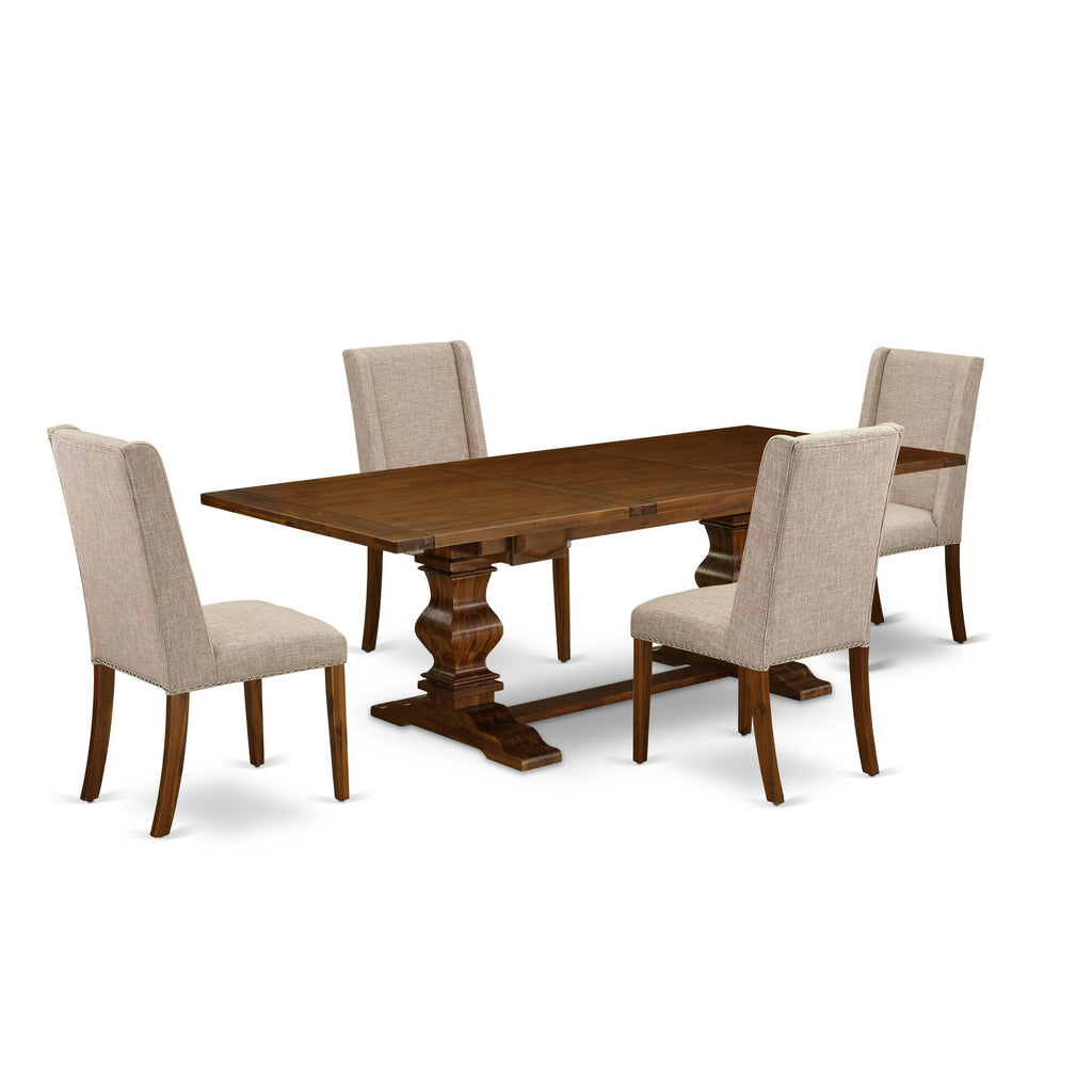 East West Furniture LAFL5-88-04 5 Piece Dining Set Includes a Rectangle Dining Room Table with Butterfly Leaf and 4 Light Tan Linen Fabric Upholstered Chairs