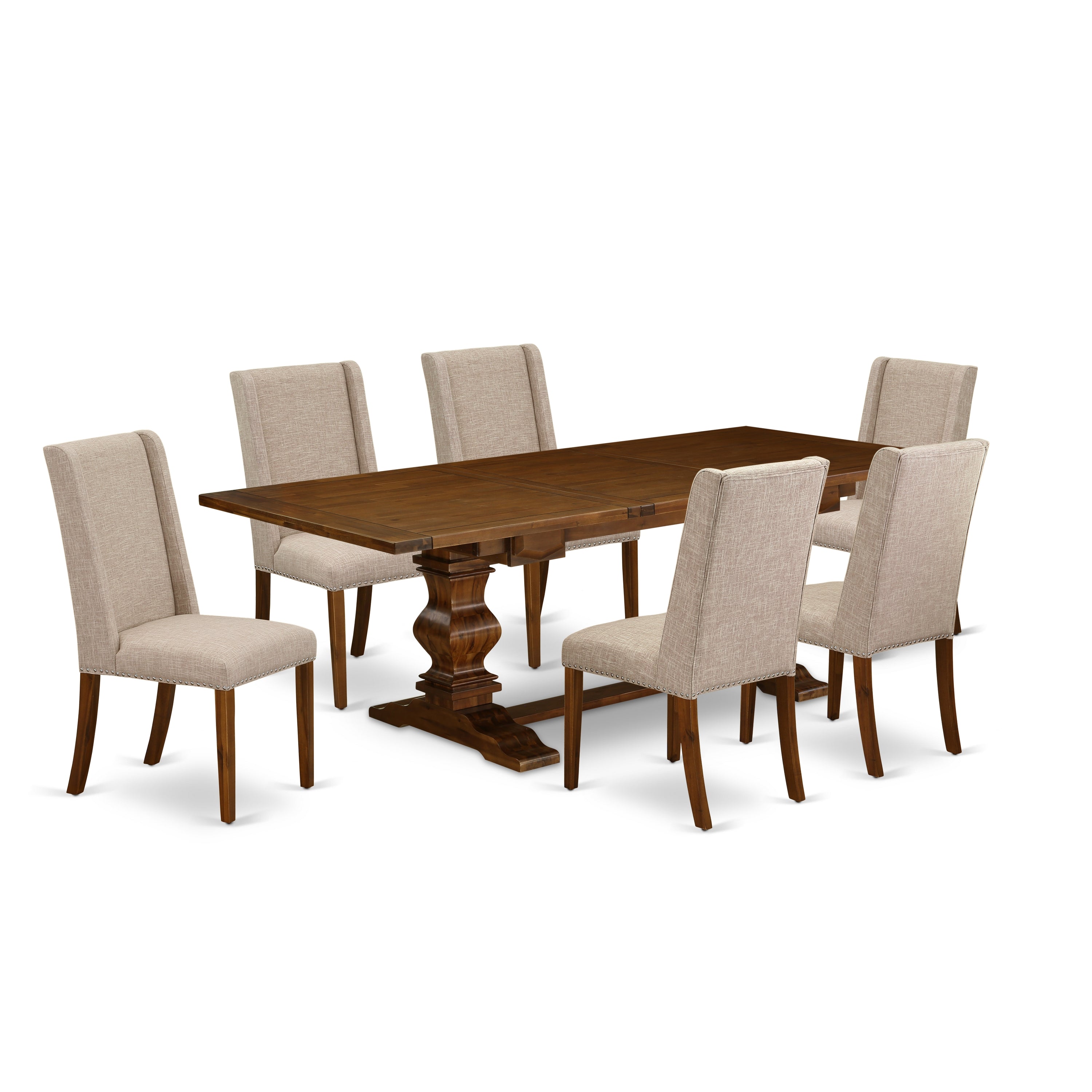 Juego de mesa y sillas de cocina de 7 piezas East West Furniture LAFL7-88-04 compuesto por una mesa de comedor rectangular con diseño de hojas de mariposa y 6 sillas Parson de tela de lino color tostado claro.