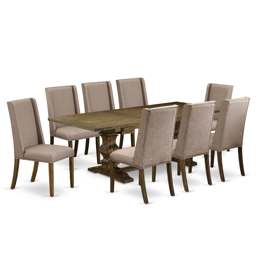 Juego de comedor de 9 piezas East West Furniture LAFL9-77-16. Incluye una mesa de comedor rectangular con hojas de mariposa y 8 sillas tapizadas en tela de lino color caqui oscuro.