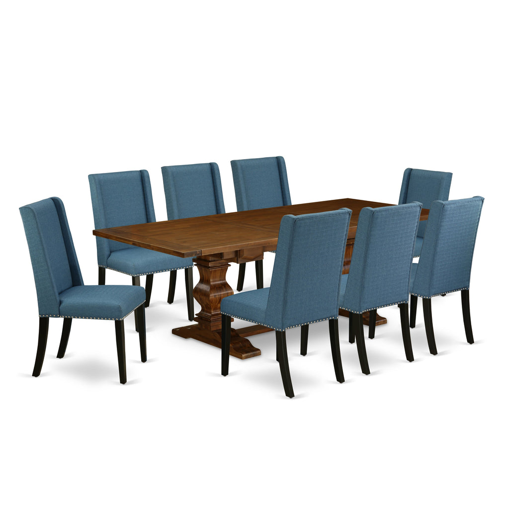 El juego de mesa de comedor de 9 piezas East West Furniture LAFL9-81-21 incluye una mesa de comedor rectangular con diseño de hojas de mariposa y 8 sillas Parsons de tela de lino azul.