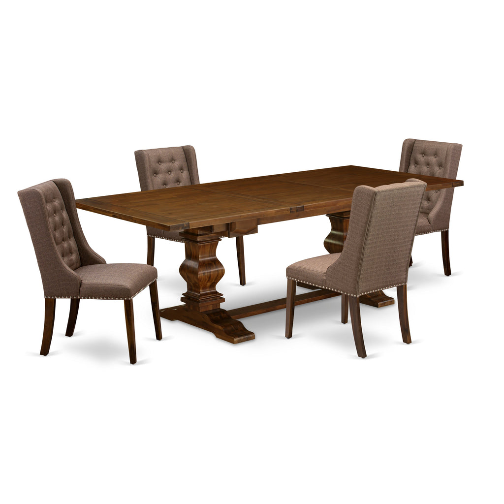 East West Furniture LAFO5-88-18 5 Piece Dinette Set Includes a Rectangle Dining Room Table with Butterfly Leaf and 4 Brown Linen Linen Fabric Upholstered Chairs