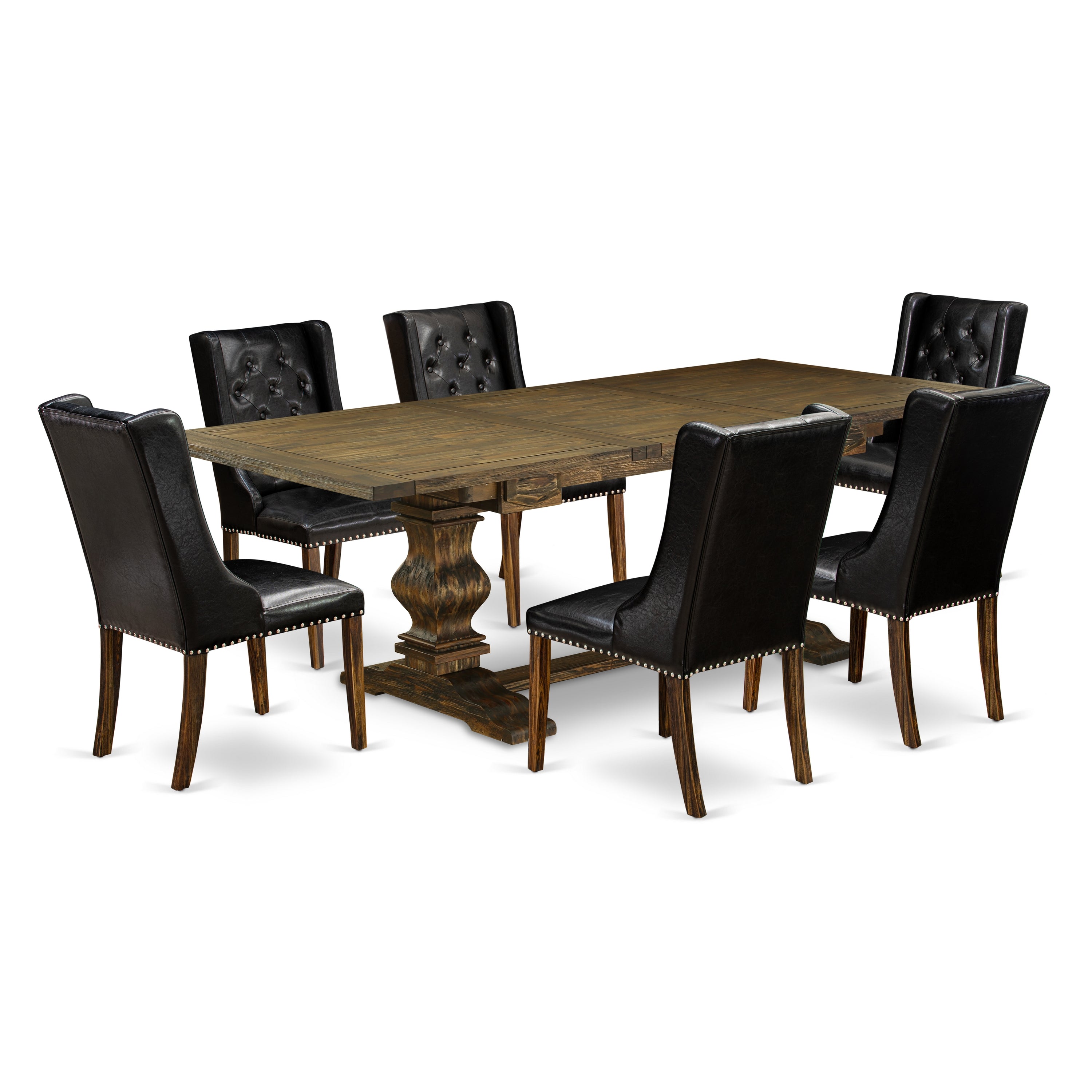East West Furniture LAFO7-77-49 7-Pc Dining Set Includes 1 Removable leaf Double Pedestal Dining Table and 6 Black PU faux Leather Dining Chairs with Button Tufted Back - Distressed Jacobean Finish