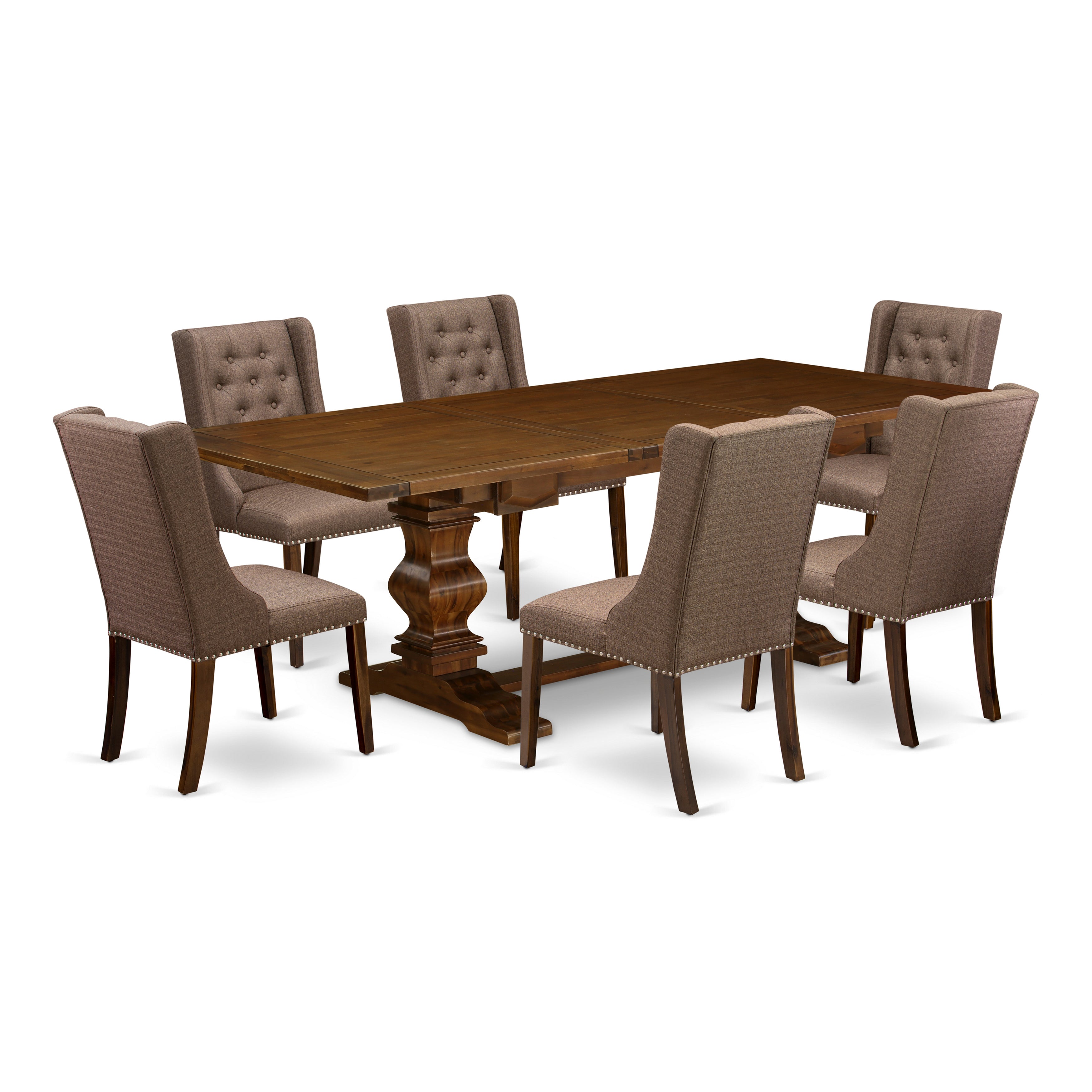 East West Furniture LAFO7-88-18 7-Pc Kitchen Table Set Includes 1 Removable leaf Double Pedestal Table and 6 Brown Linen Fabric Kitchen Chairs with Button Tufted Back - Antique Walnut Finish