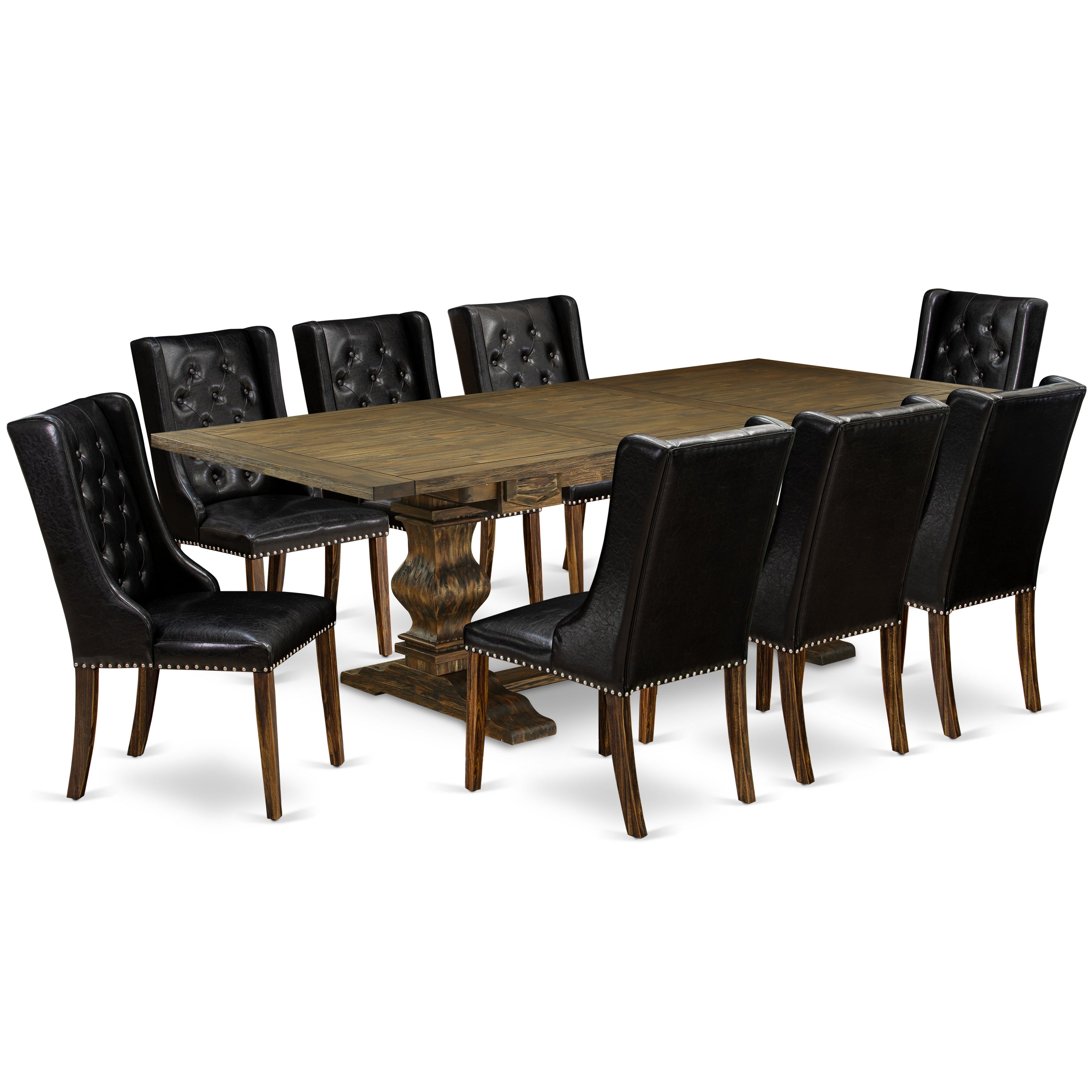 Juego de mesa de comedor de 9 piezas East West Furniture LAFO9-77-49 Incluye una mesa rectangular de madera con hoja de mariposa y 8 sillas tapizadas en piel sintética negra