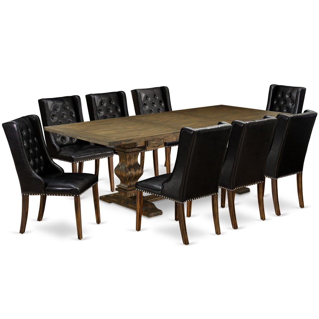 East West Furniture LAFO9-77-49 9 Piece Dining Room Table Set Includes a Rectangle Wooden Table with Butterfly Leaf and 8 Black Faux Leather Upholstered Chairs