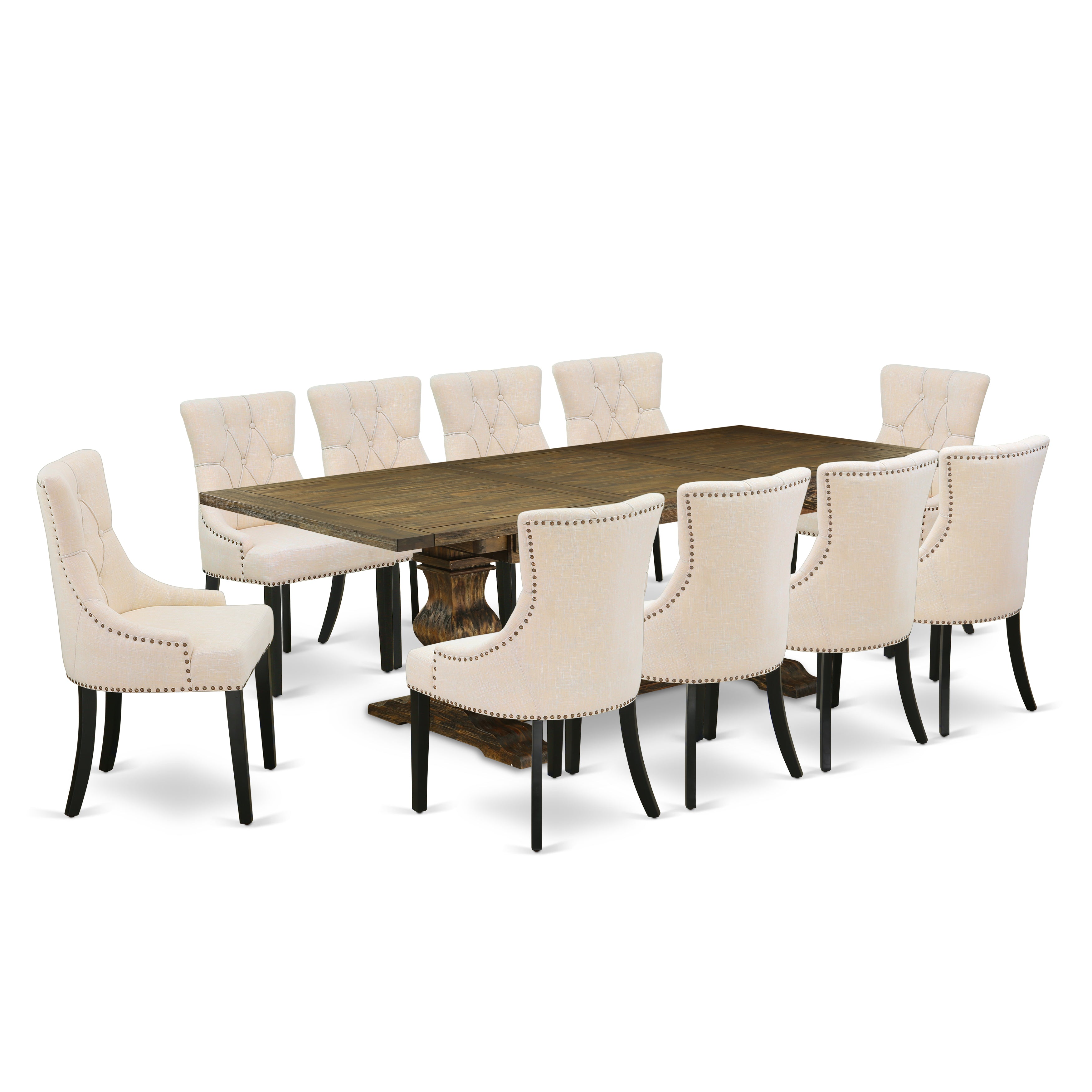 East West Furniture LAFR11-71-02 11-Piece Modern Dining Set Consists of a Dining Room Table and 10 Light Beige Linen Fabric Dining Chairs with Button Tufted Back - Distressed Jacobean Finish