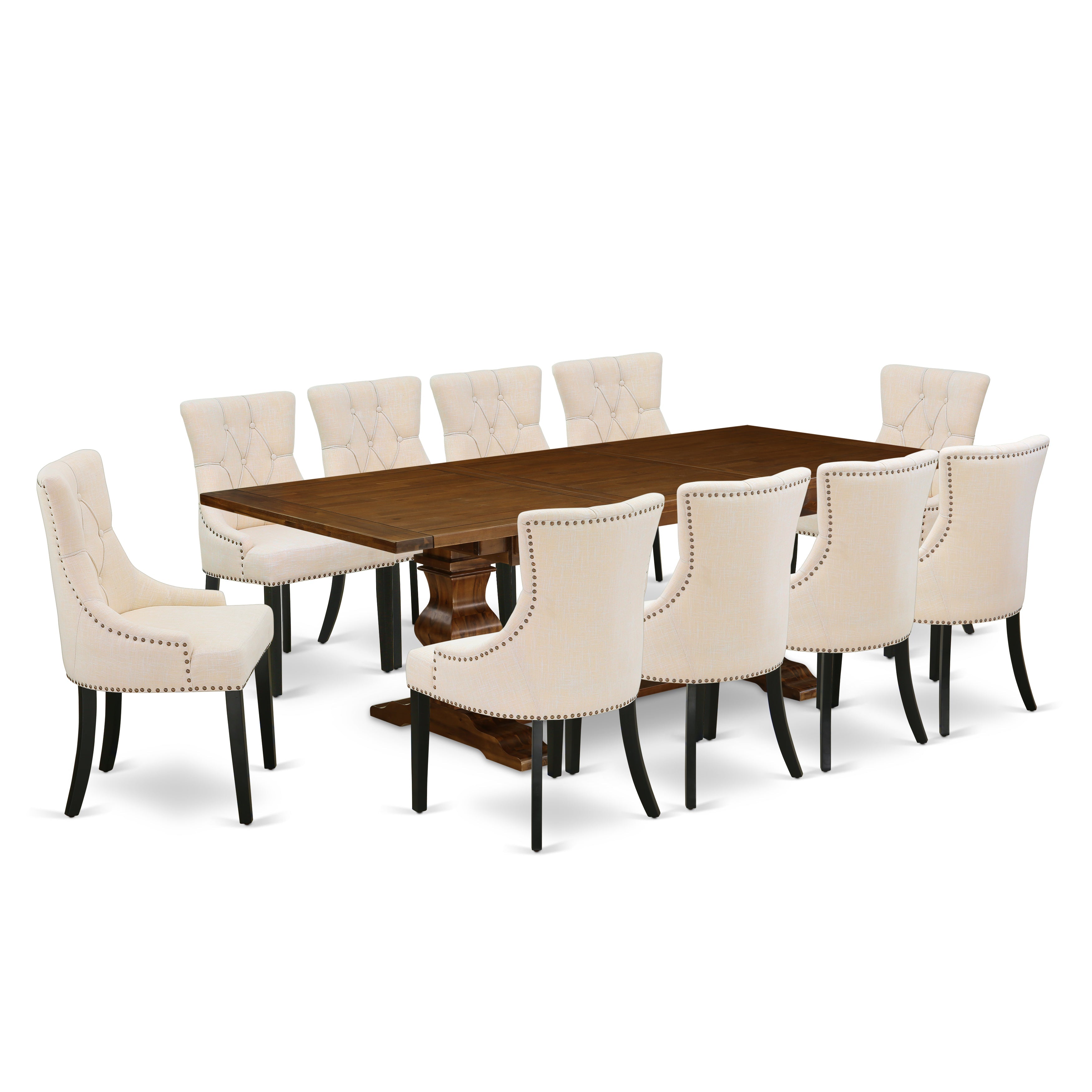 East West Furniture LAFR11-81-02 11-Pieces Dinette Set - A Removable leaf Double Pedestal Wooden Table and 10 Light Beige Linen Fabric Kitchen Chairs with Button Tufted Back - Antique Walnut Finish