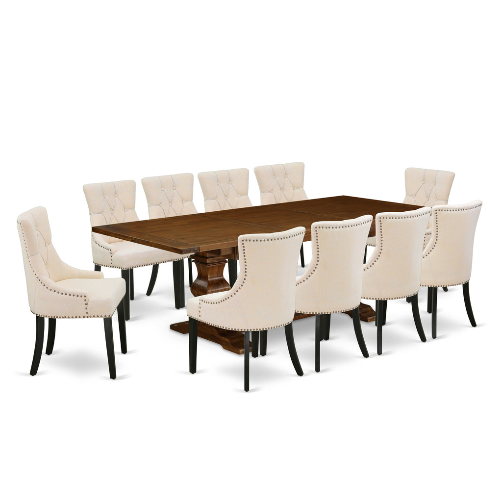 East West Furniture LAFR11-81-02 11 Piece Dinette Set Includes a Rectangle Dining Table with Butterfly Leaf and 10 Light Beige Linen Fabric Parson Dining Chairs