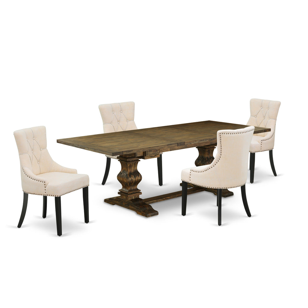 Juego de mesa de comedor de 5 piezas East West Furniture LAFR5-71-02 para 4 personas. Incluye una mesa de cocina rectangular con diseño de hojas de mariposa y 4 sillas Parsons de tela de lino beige claro.