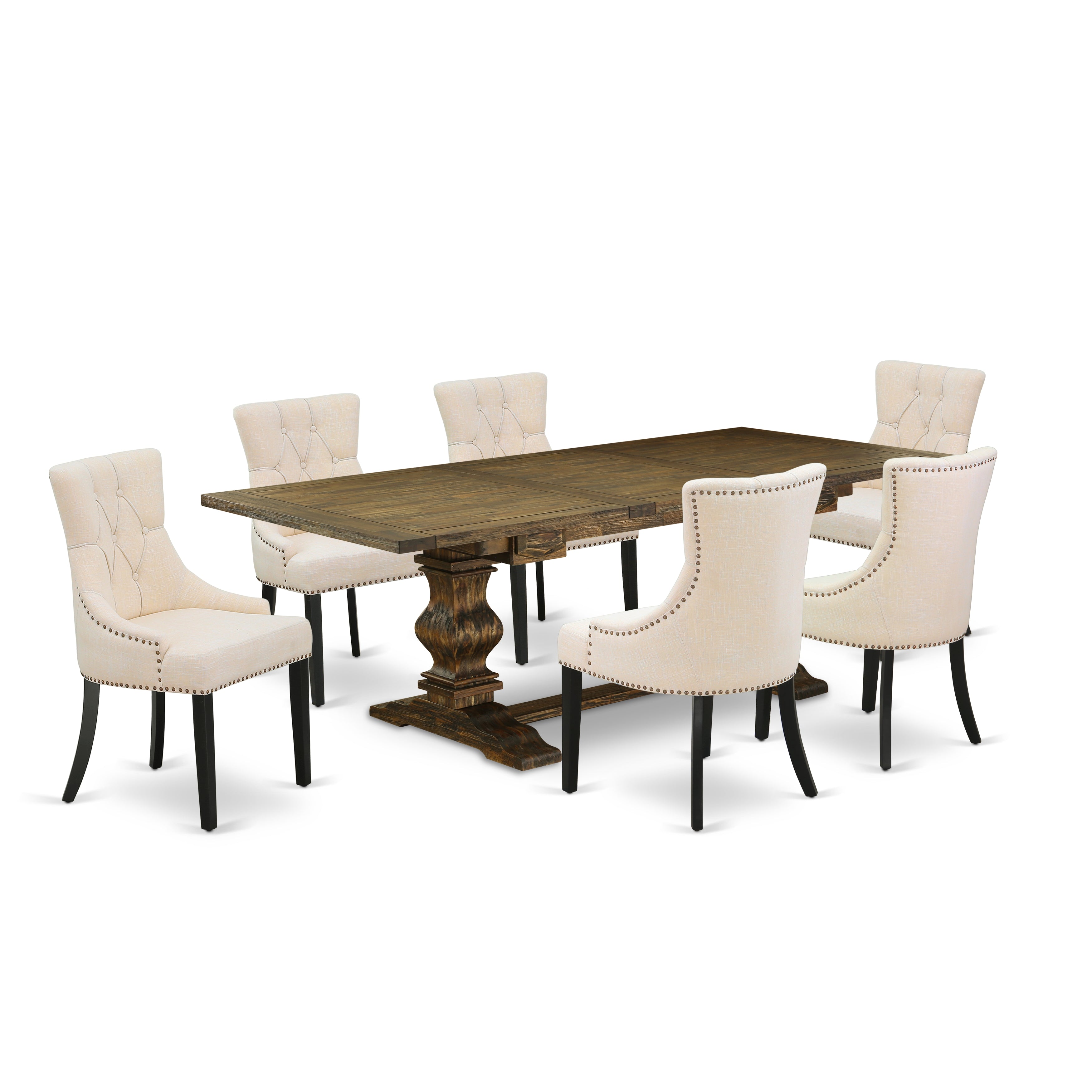 East West Furniture LAFR7-71-02 7-piece wood dining table set with Chair�s Legs and Light Beige Linen Fabric kitchen chairs Set of Six and wonderful table- Black and Distressed Jacobean Finish