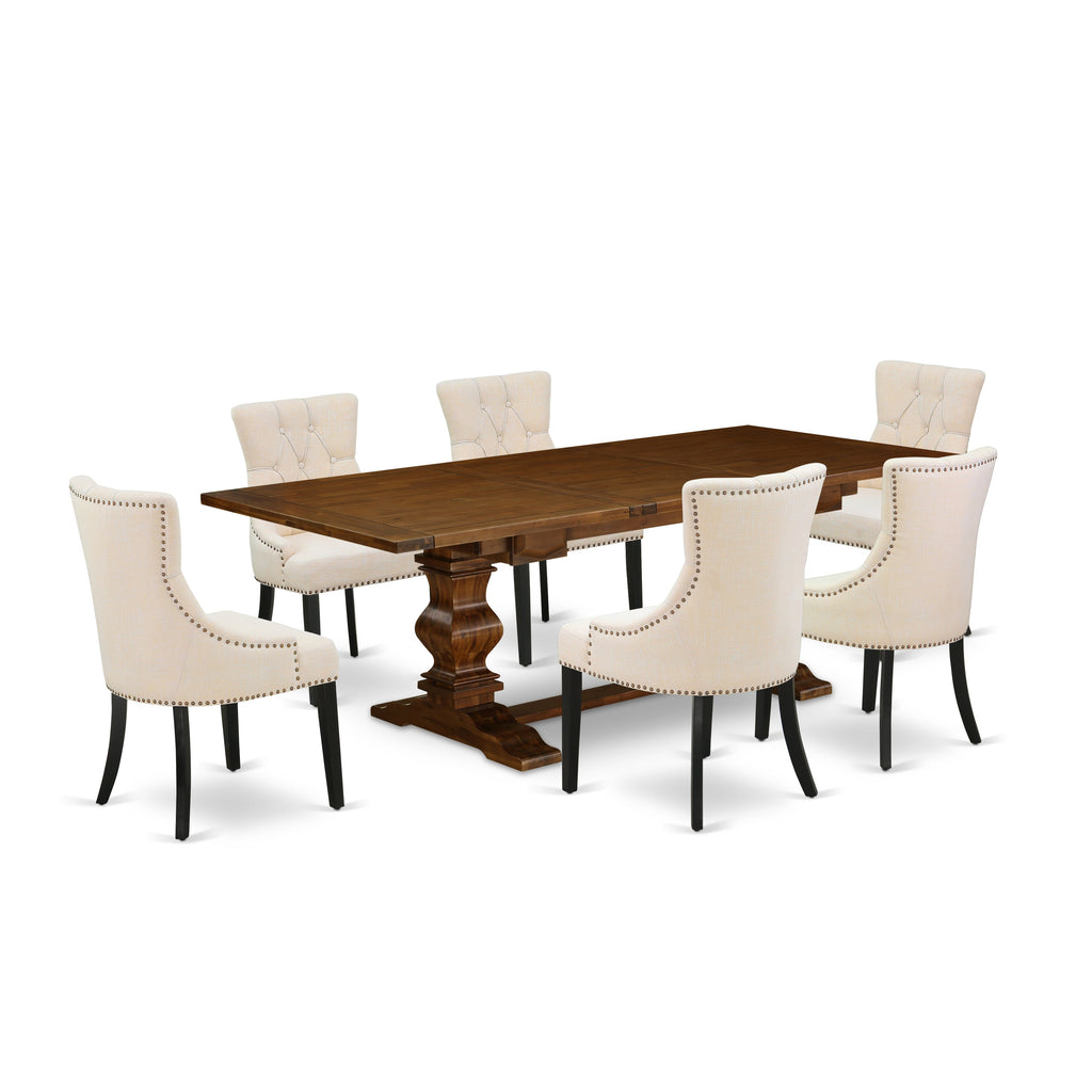 East West Furniture LAFR7-81-02 7 Piece Dining Room Set Consist of a Rectangle Wooden Table with Butterfly Leaf and 6 Light Beige Linen Fabric Parson Dining Chairs