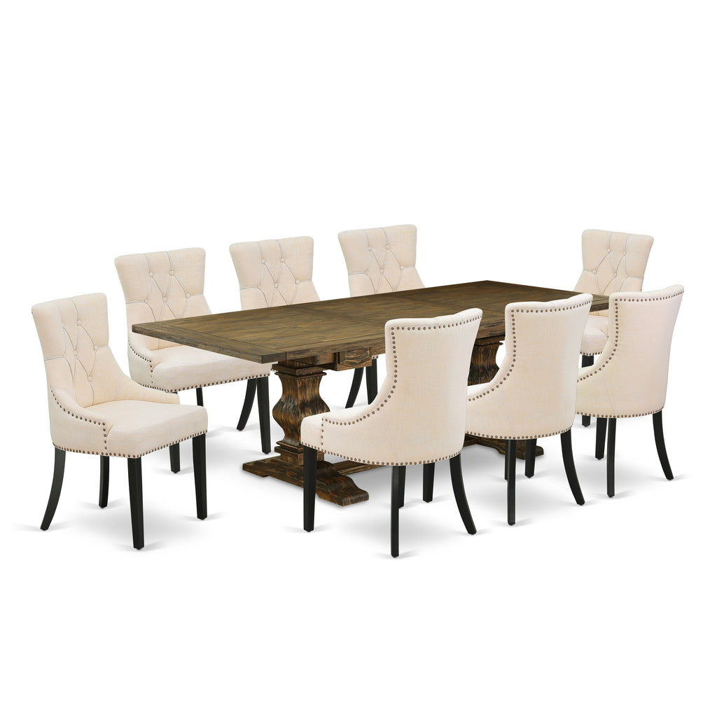 East West Furniture LAFR9-71-02 9 Piece Dining Room Table Set Includes a Rectangle Kitchen Table with Butterfly Leaf and 8 Light Beige Linen Fabric Parson Chairs